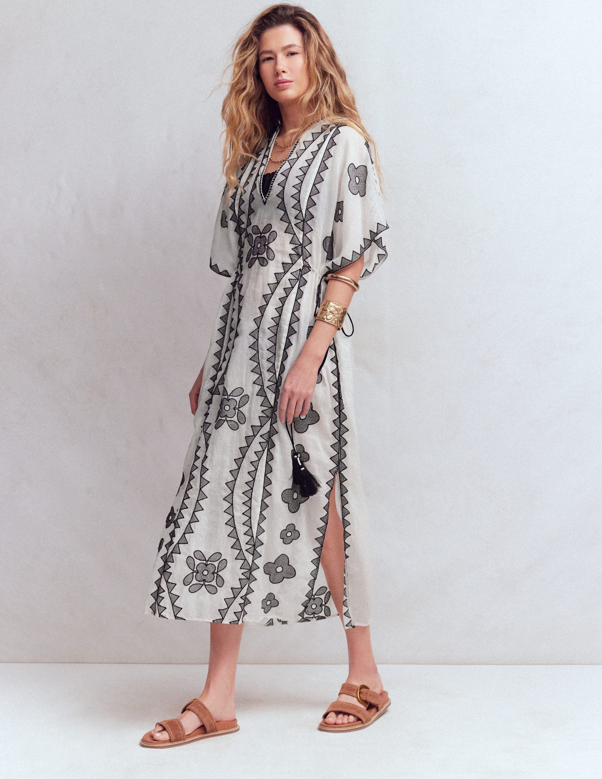 Side Tie Kaftan Dress-White Black Embroidered-4