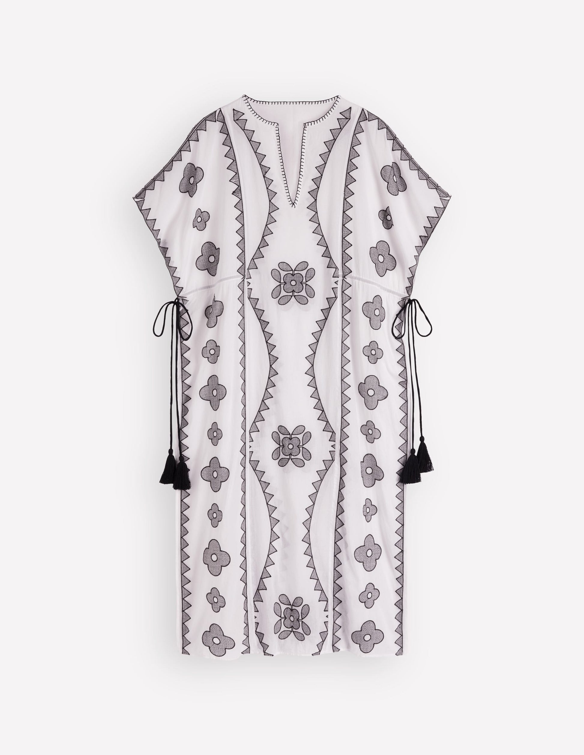 Side Tie Kaftan Dress-White Black Embroidered | Boden USA Side Tie Kaftan Dress-White Black Embroidered | Boden USA