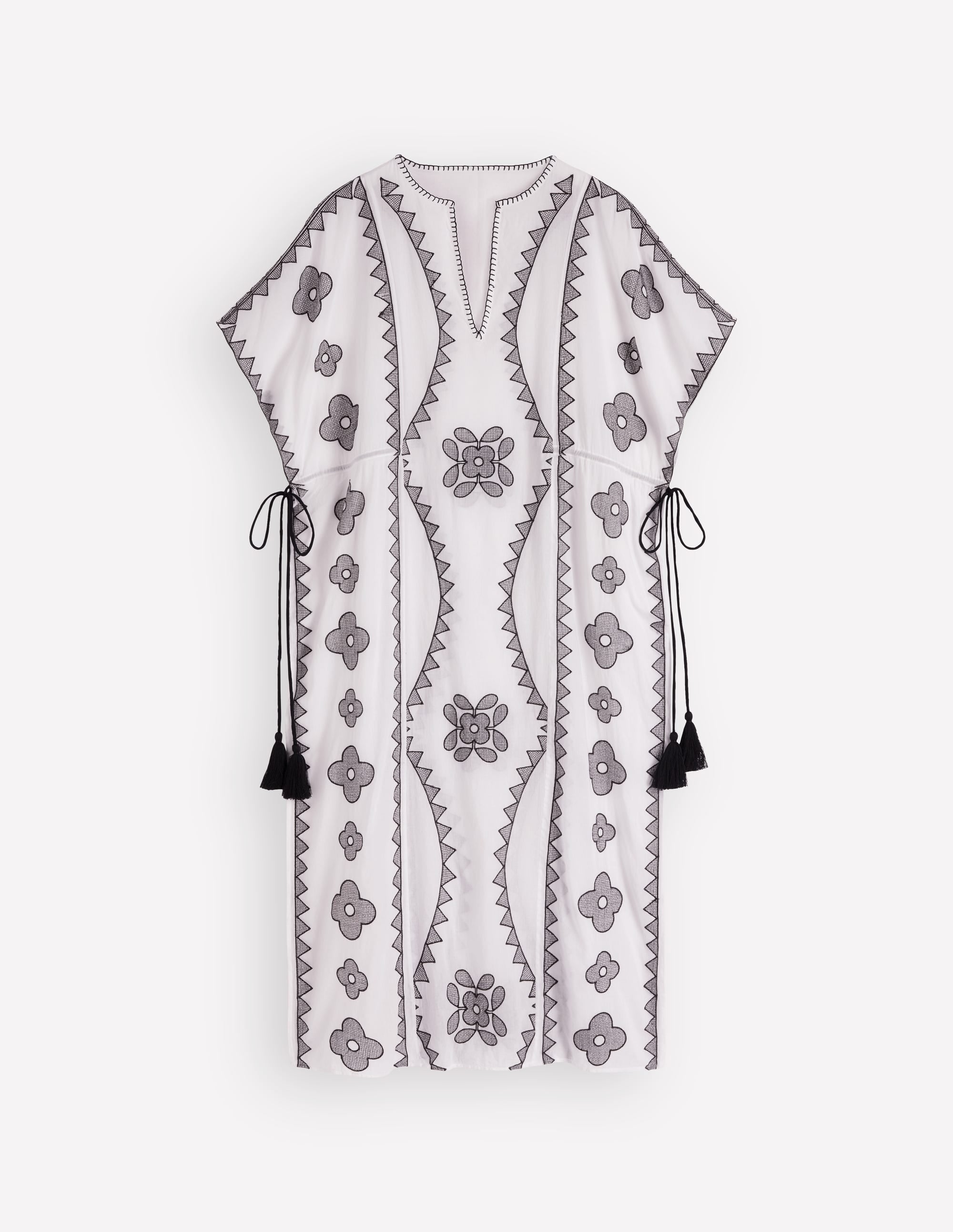 Side Tie Kaftan Dress-White Black Embroidered - Image 6