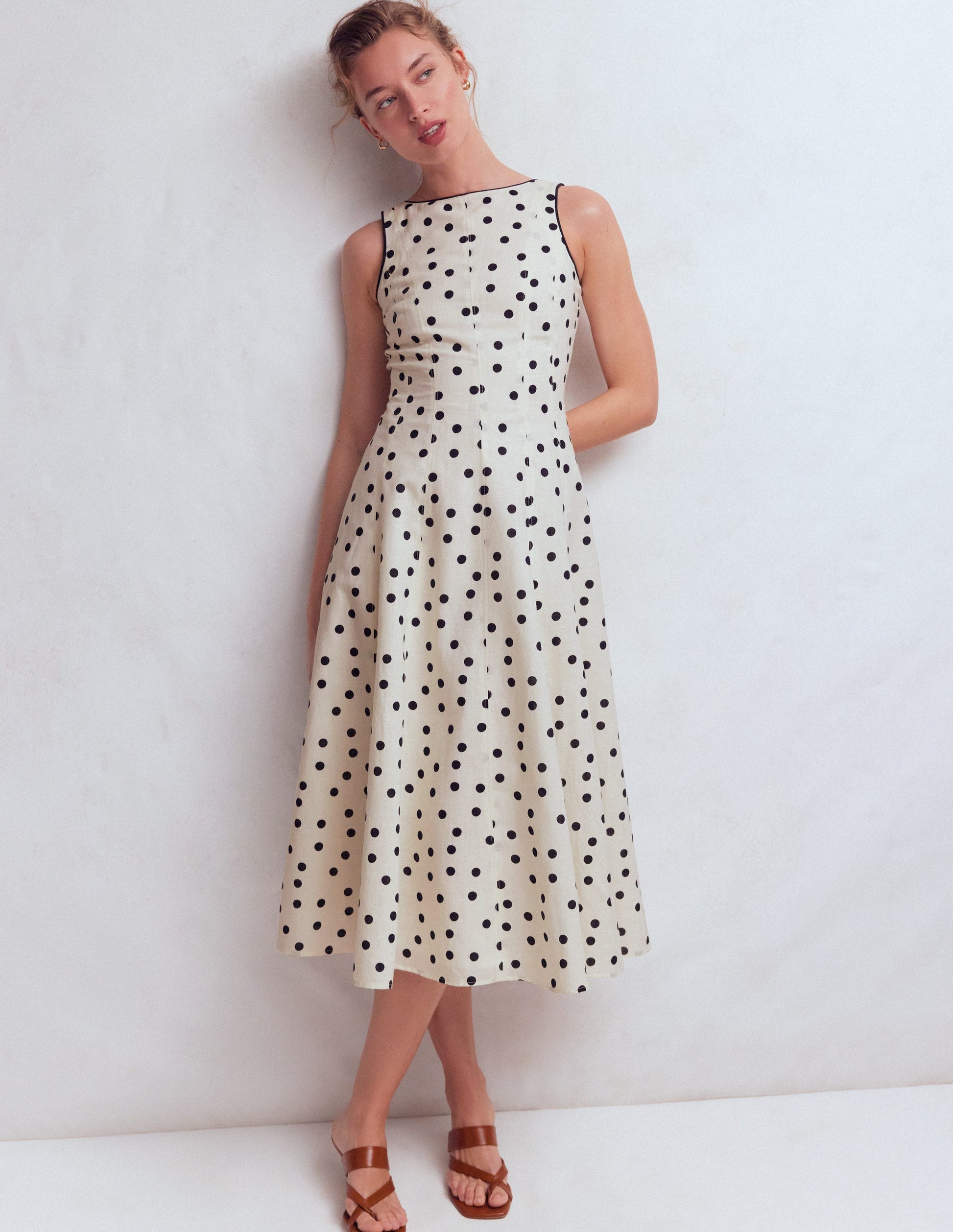 Annet Linen Blend Midi Dress-Ivory Painted Dot Spaced | Boden USA Annet Linen Blend Midi Dress-Ivory Painted Dot Spaced | Boden USA