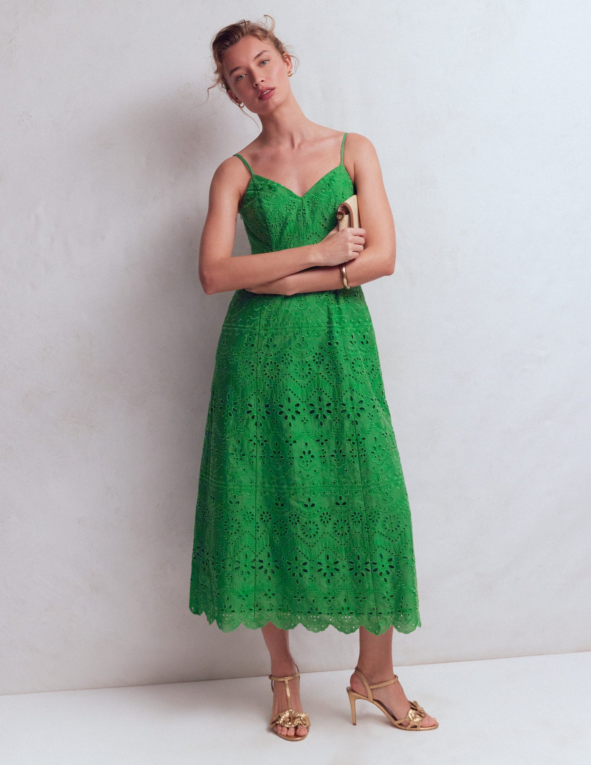 Boden Women's Empire Linen Broderie Dress in Green | Size 8 Boden Women's Empire Linen Broderie Dress in Green | Size 8