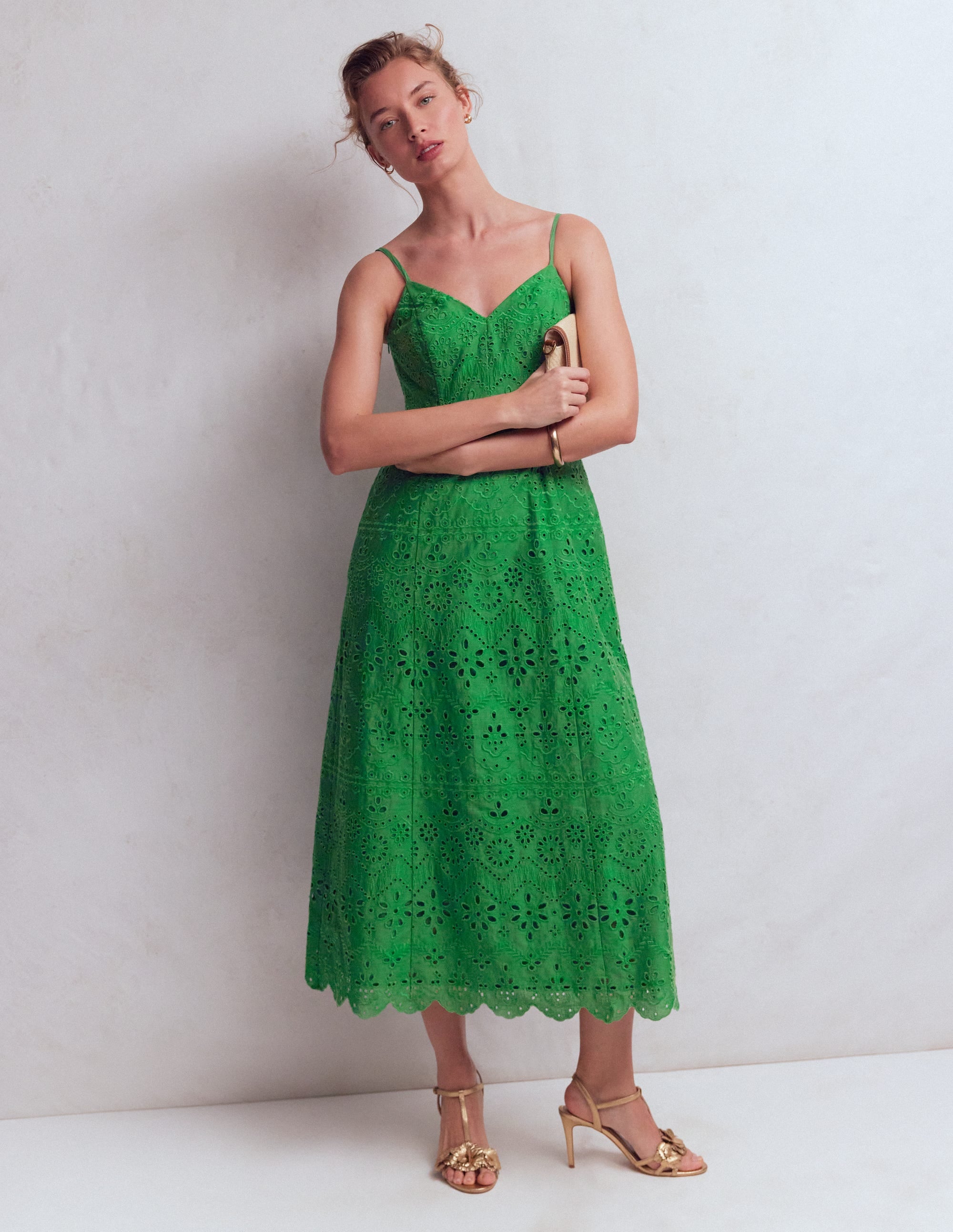 Boden Women's Empire Linen Broderie Dress in Green
