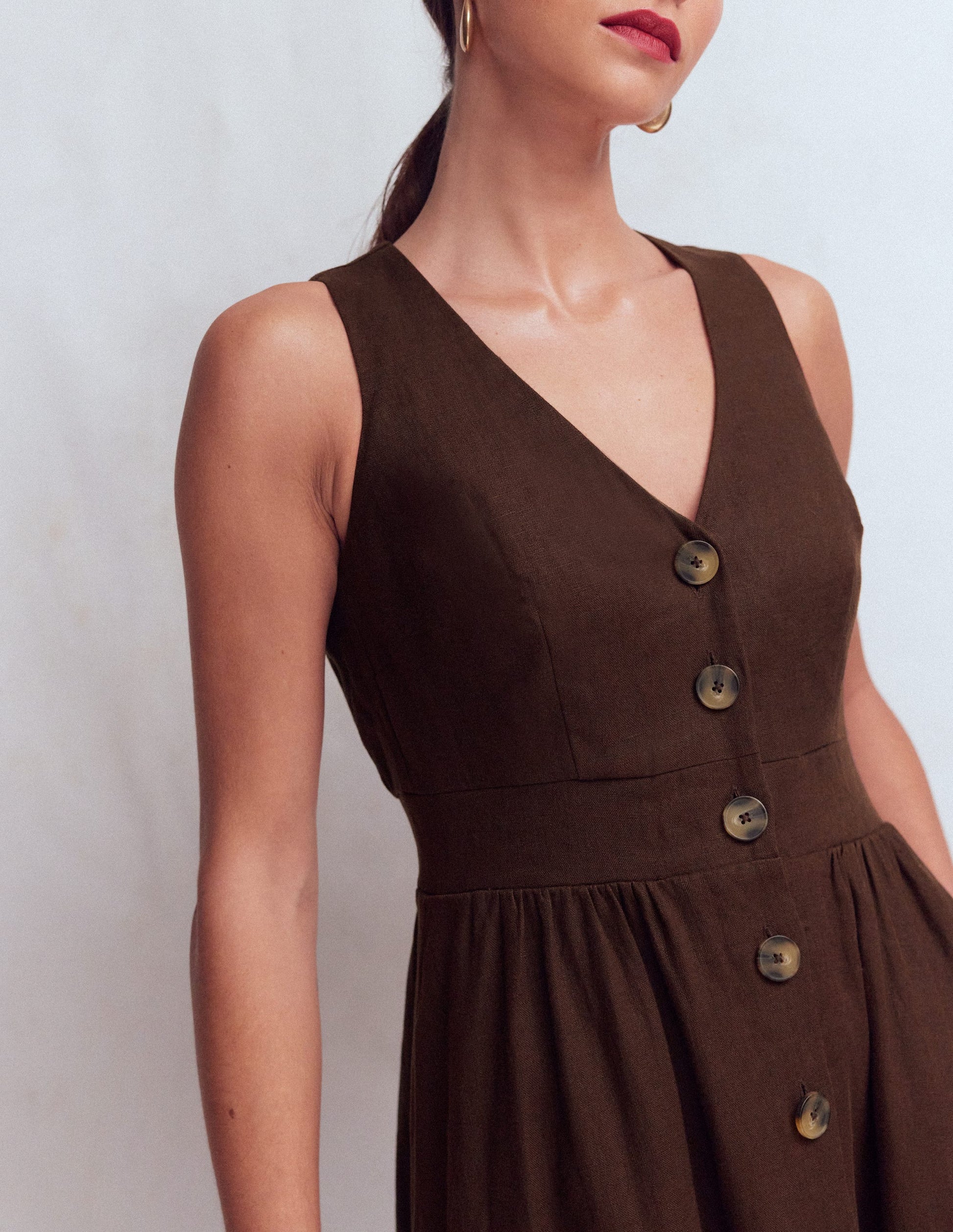 Catherine Button Linen Dress-Bitter Chocolate | Boden USA Catherine Button Linen Dress-Bitter Chocolate | Boden USA