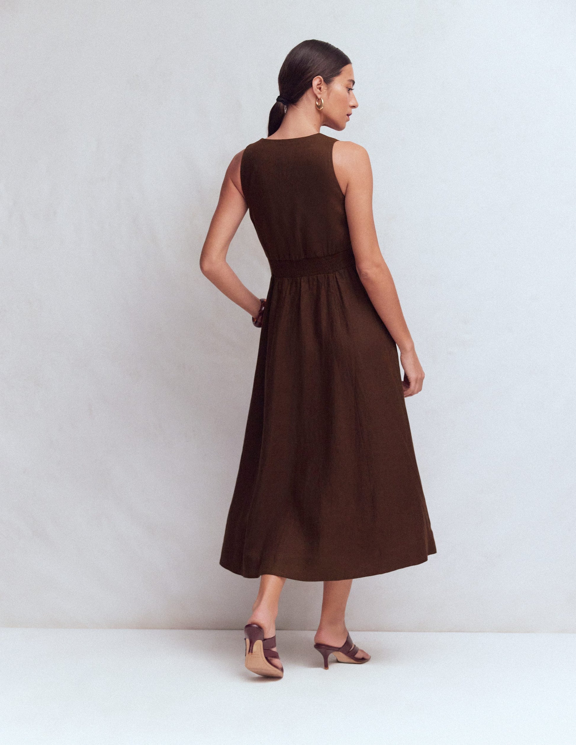 Catherine Button Linen Dress-Bitter Chocolate-4