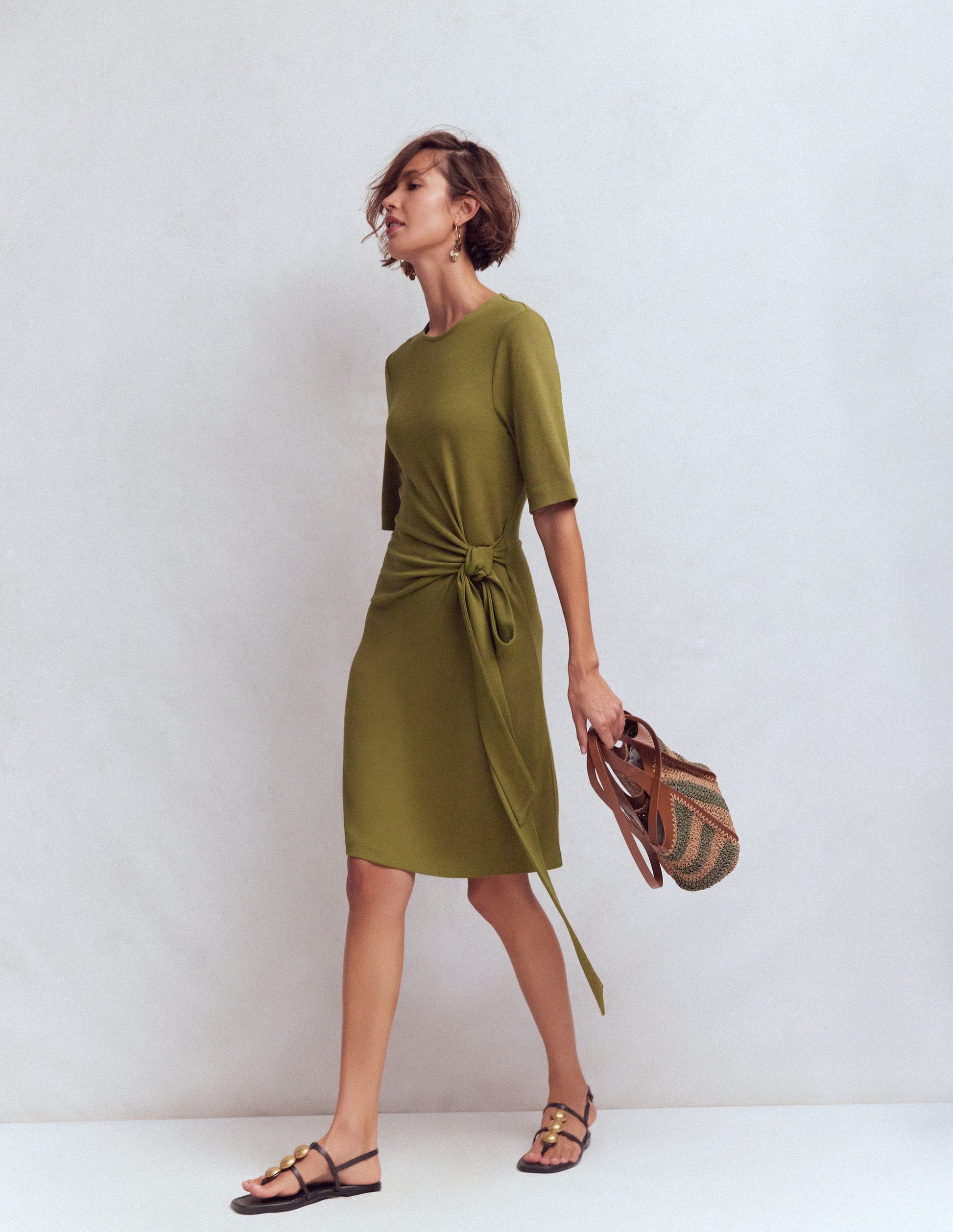 Zinnia Tie Jersey Short Dress-Olive-6