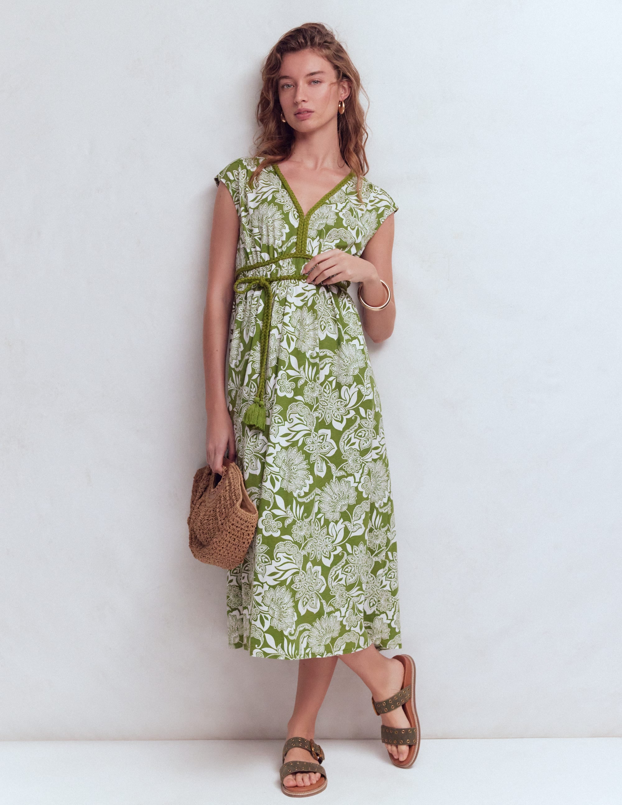 Heidi Ruched Rope Jersey Dress-Olive, Elegant Blossom - Image 1