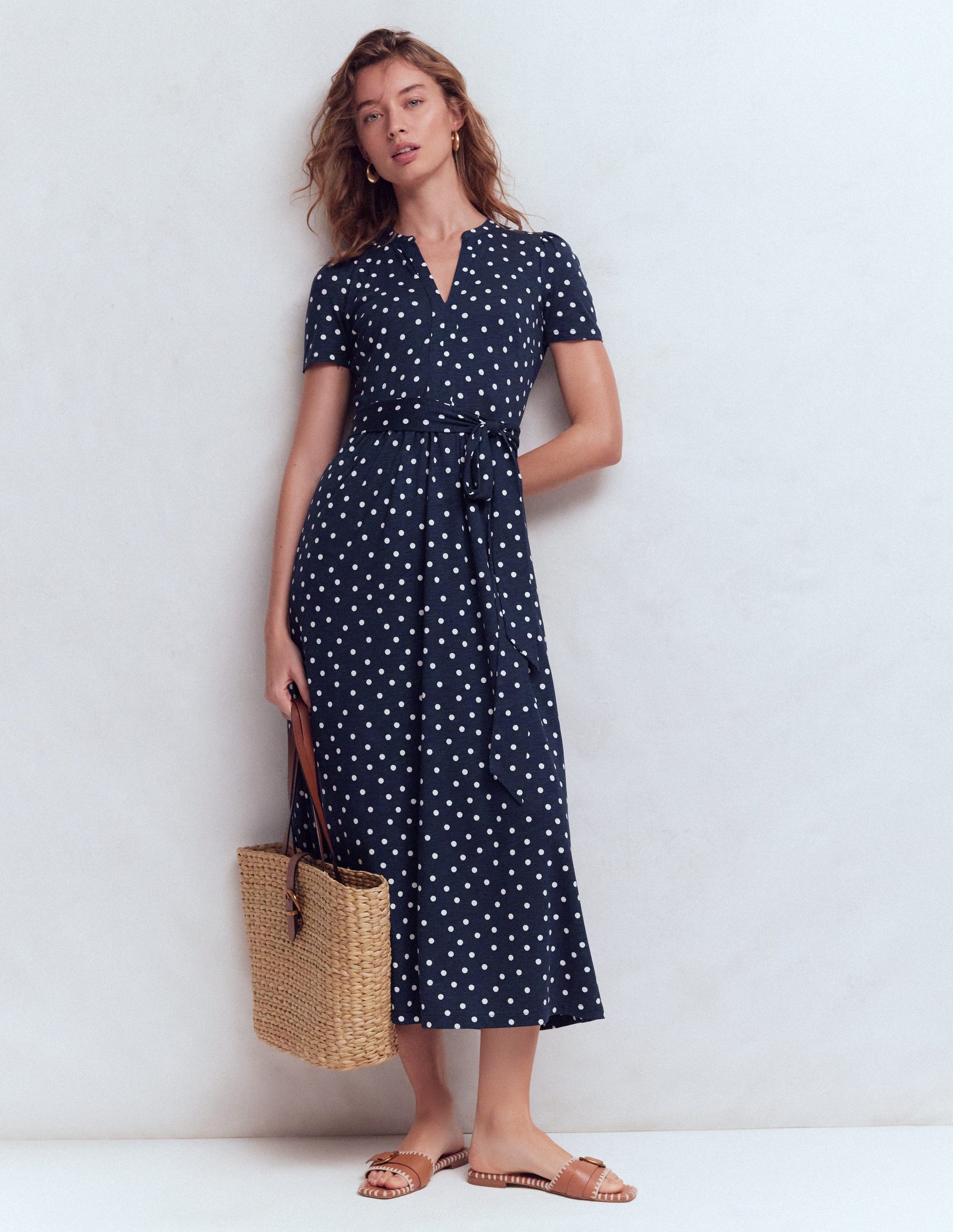 Naomi Jersey Midi Dress-Navy and Ivory, Painted Dot | Boden USA Naomi Jersey Midi Dress-Navy and Ivory, Painted Dot | Boden USA