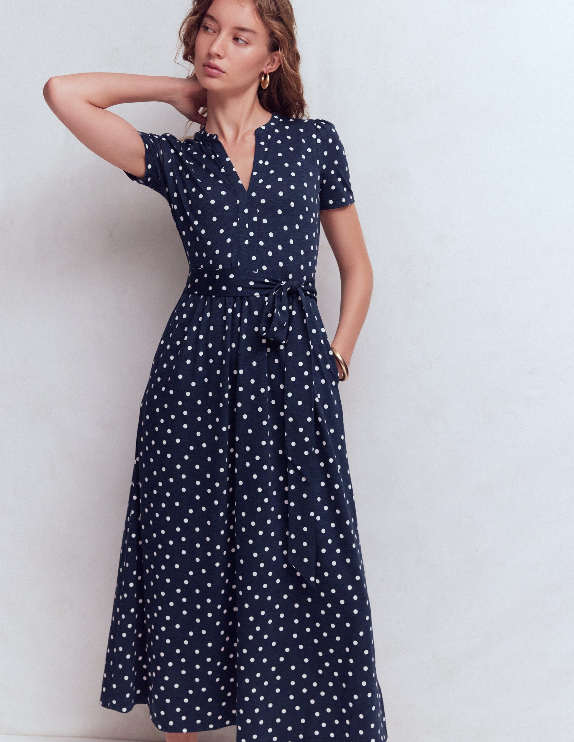 Naomi Jersey Midi Dress-Navy and Ivory, Painted Dot-4