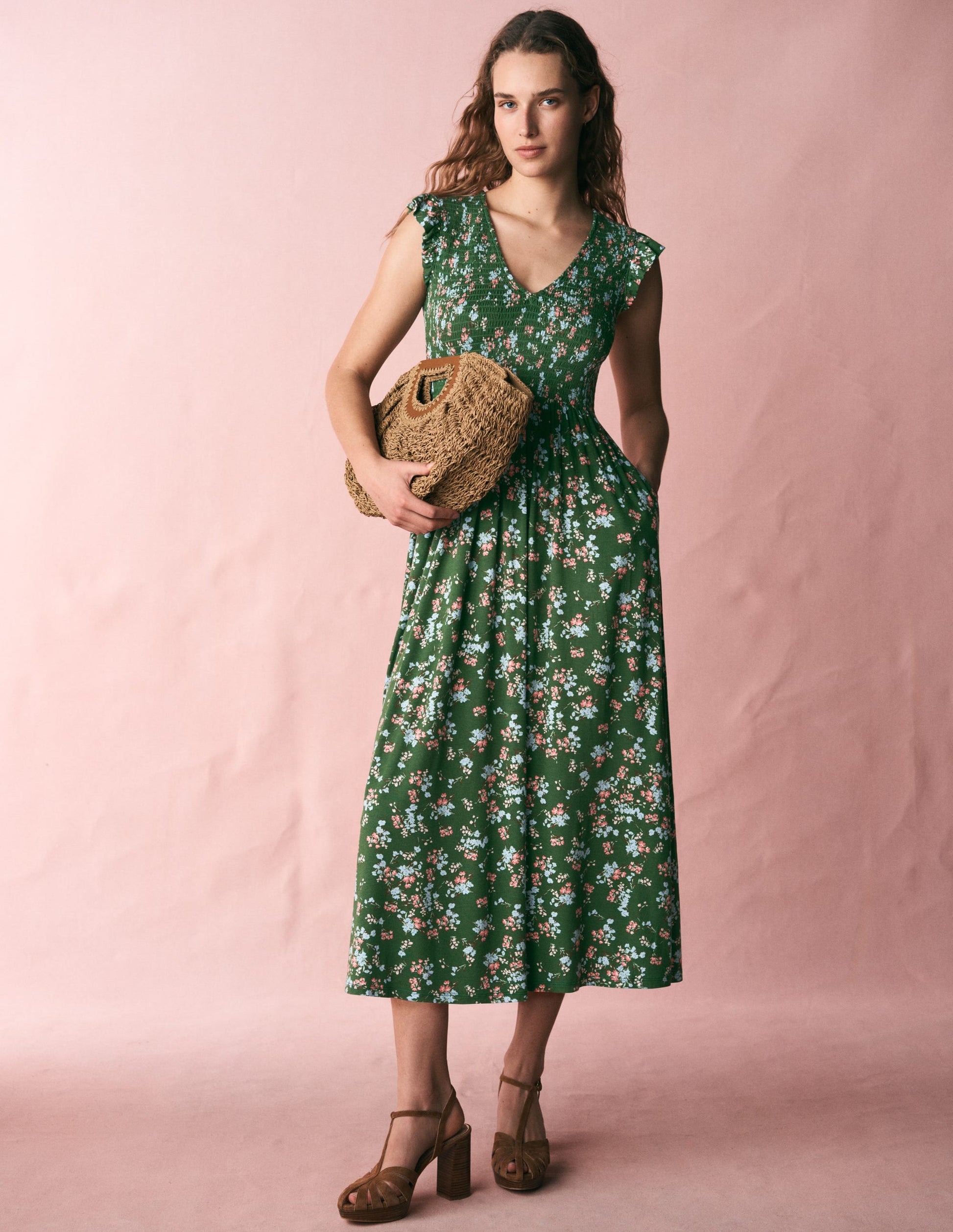 Smocked Jersey Midi Dress-Promenade Green, Bloom Scatter-1