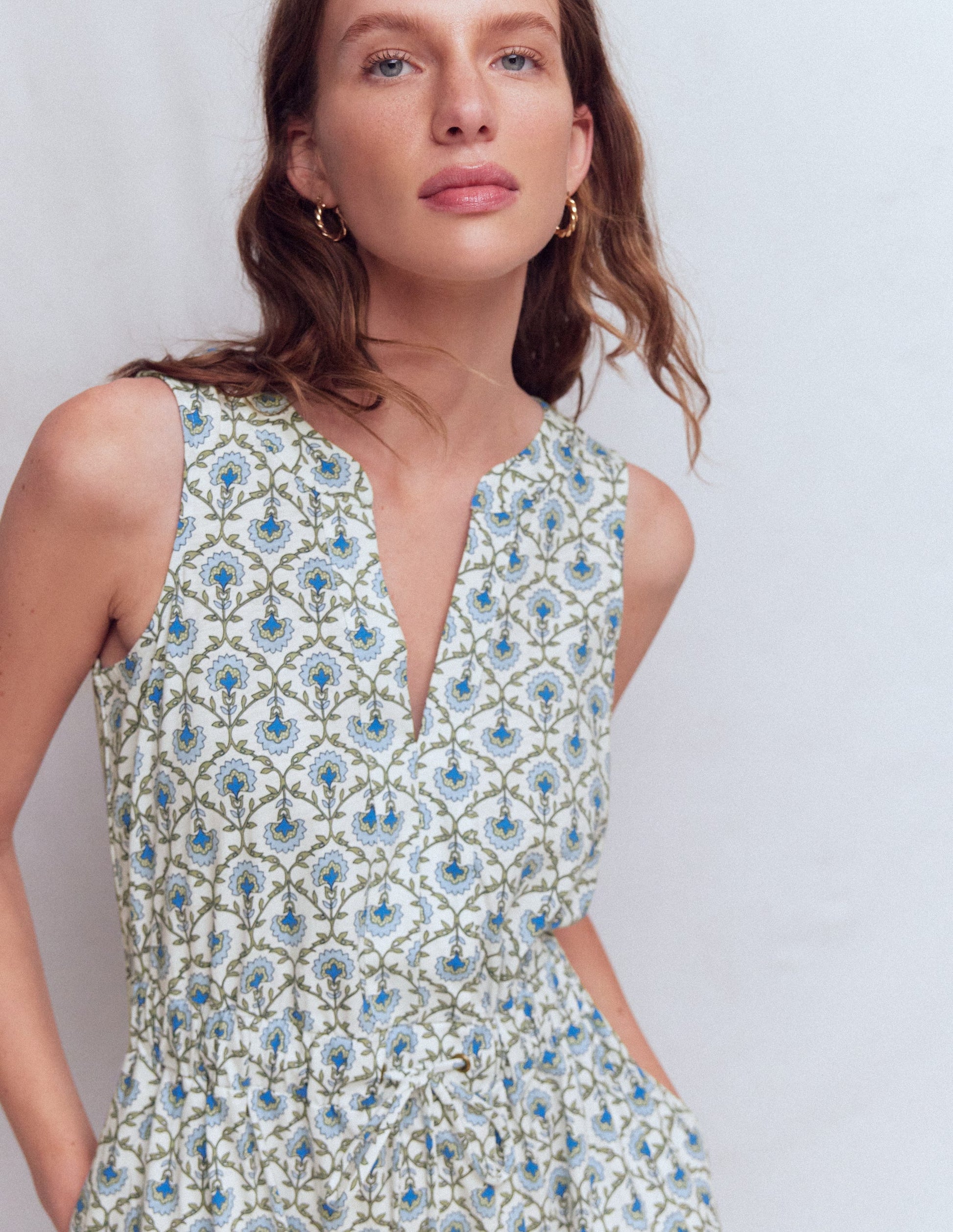 Delphine Midi Sleeveless Dress-Ivory, Flower Lattice-5