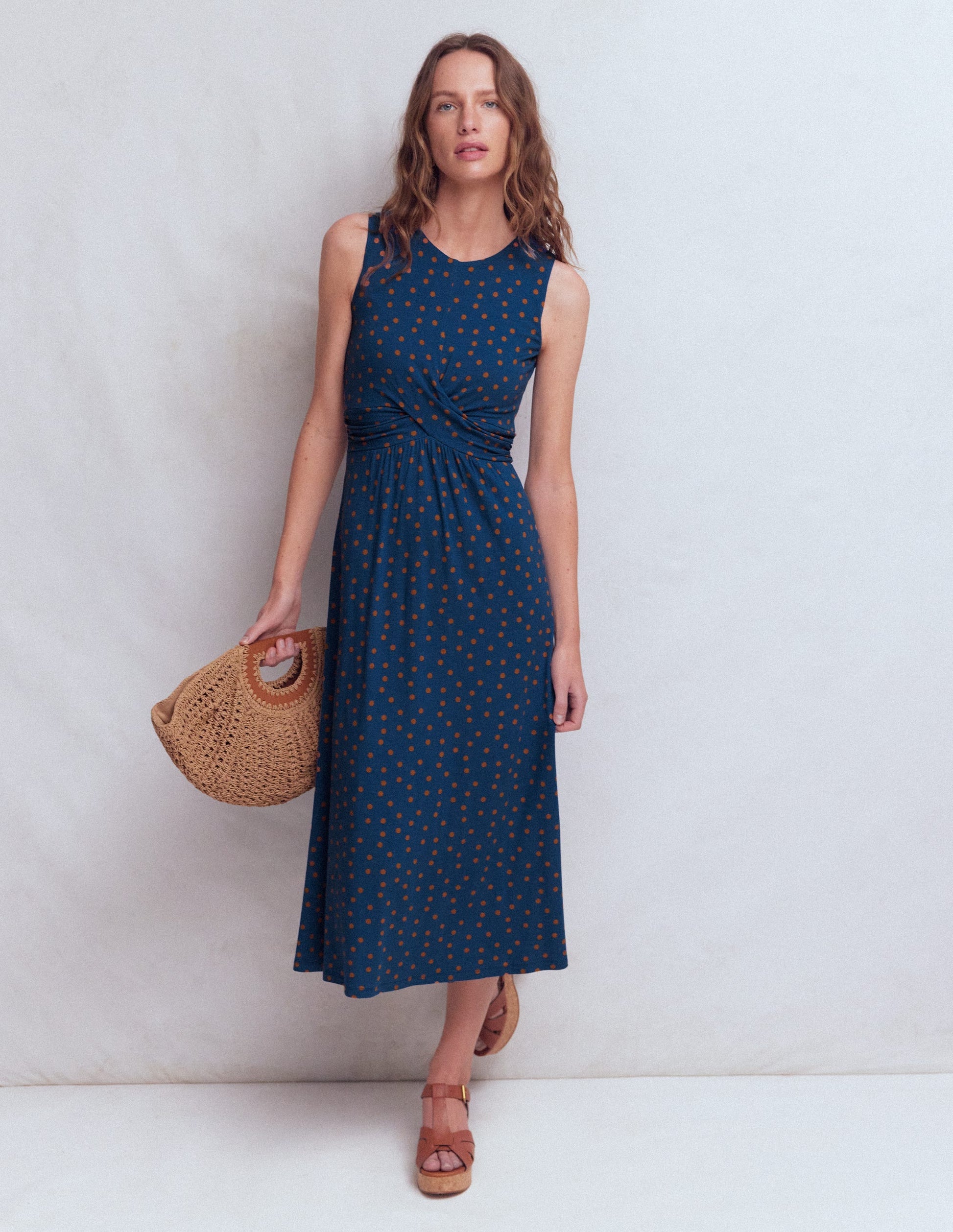 Zara Cross Waist Jersey Dress-Tourmaline Blue, Painted Dot-1