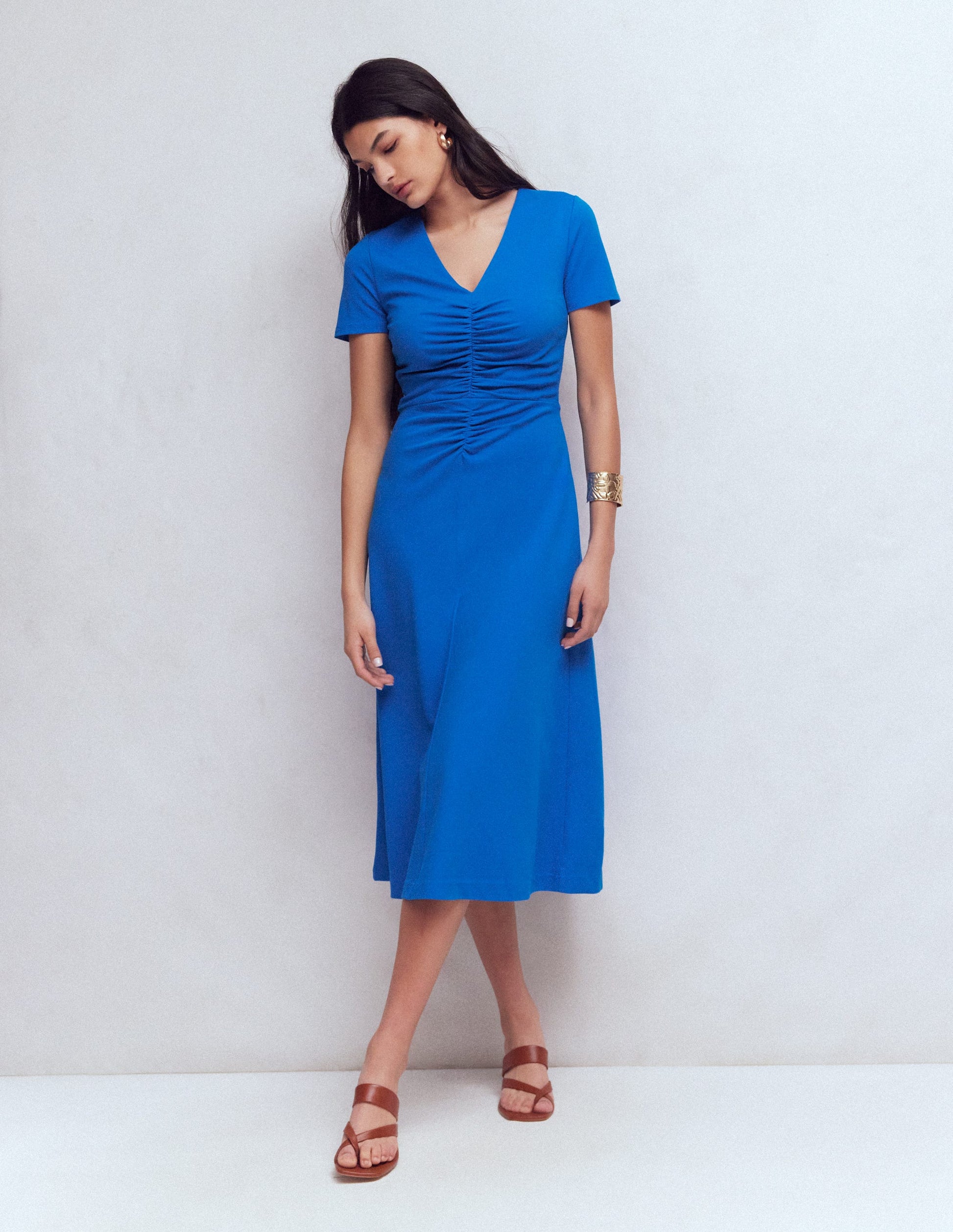 Una Ruched Front Ponte Dress-Kingfisher Blue-1