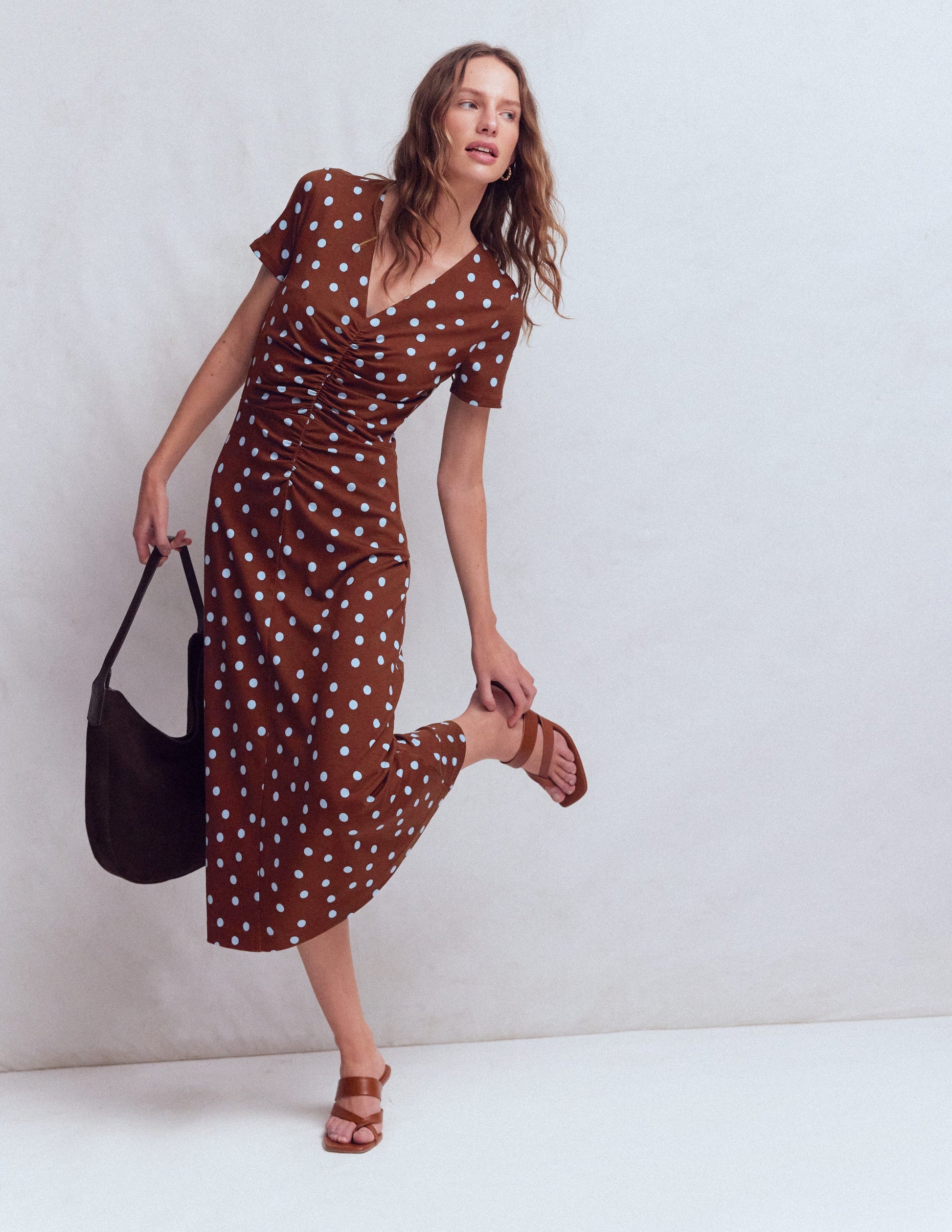 Una Ruched Front Ponte Dress-Raw Umber, Painted Dot | Boden USA Una Ruched Front Ponte Dress-Raw Umber, Painted Dot | Boden USA