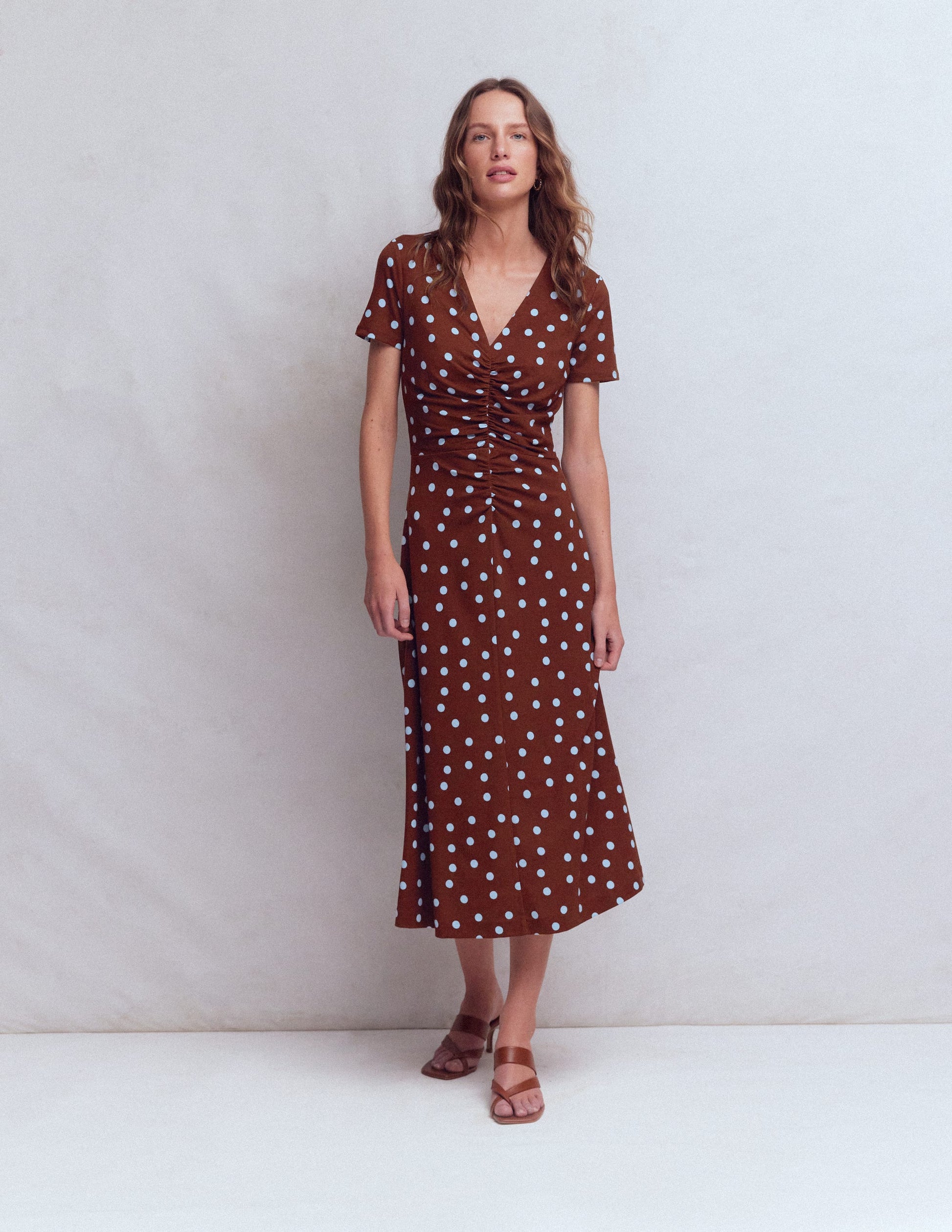 Una Ruched Front Ponte Dress-Raw Umber, Painted Dot-4