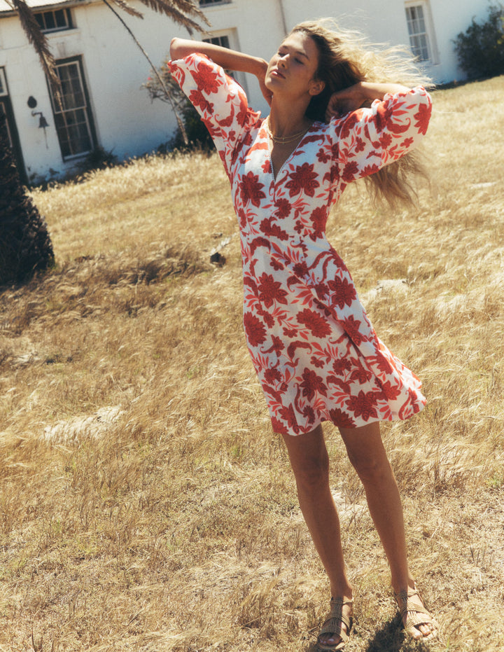 Marla Linen Blend Short Dress-Red Elegant Blossom