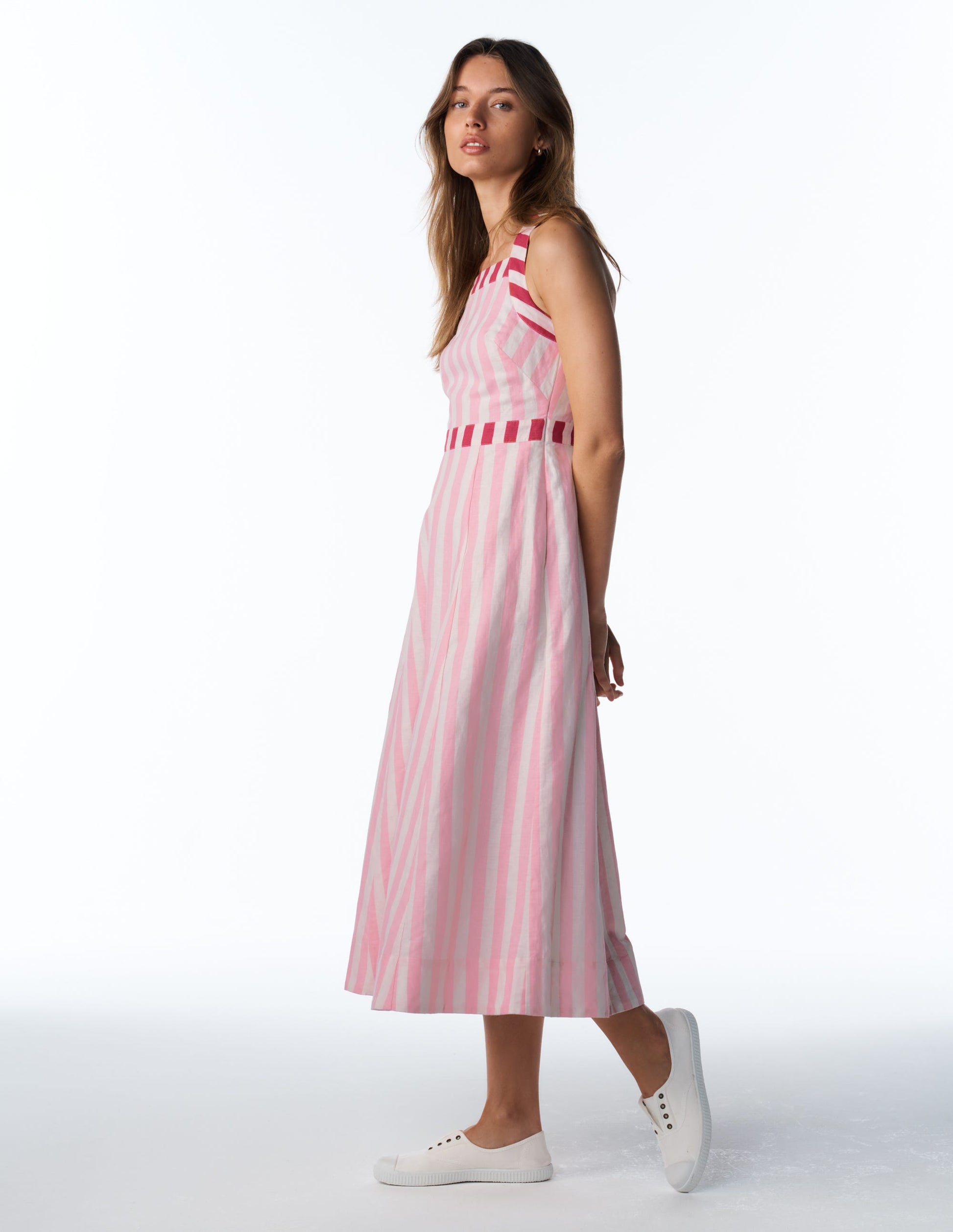 Cross-back Linen Blend Dress-Orchid Pink Stripe | Boden USA Cross-back Linen Blend Dress-Orchid Pink Stripe | Boden USA