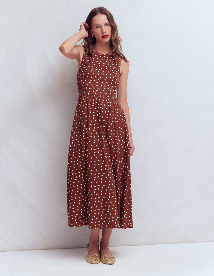 Saoirse Smocked Jersey Dress-Roasted Brown, Painted Dot