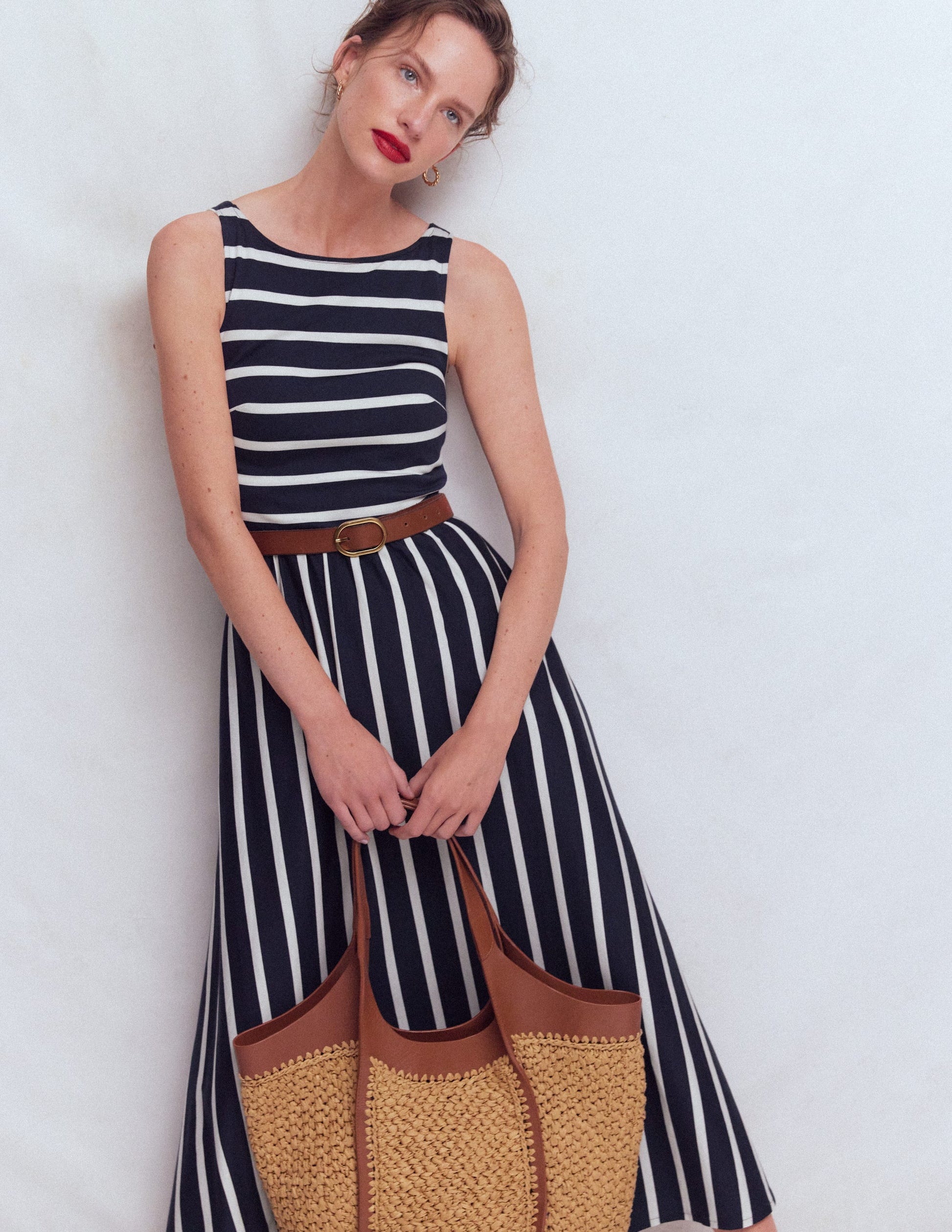 Saoirse Smocked Jersey Dress-Navy, Ivory Stripe-1