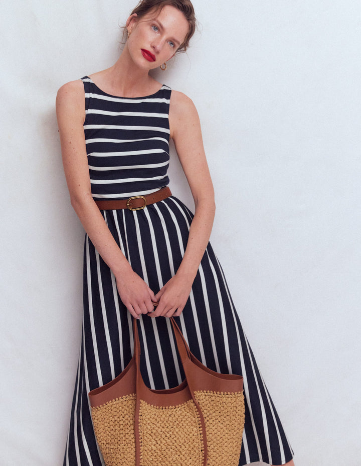 Saoirse Smocked Jersey Dress-Navy, Ivory Stripe