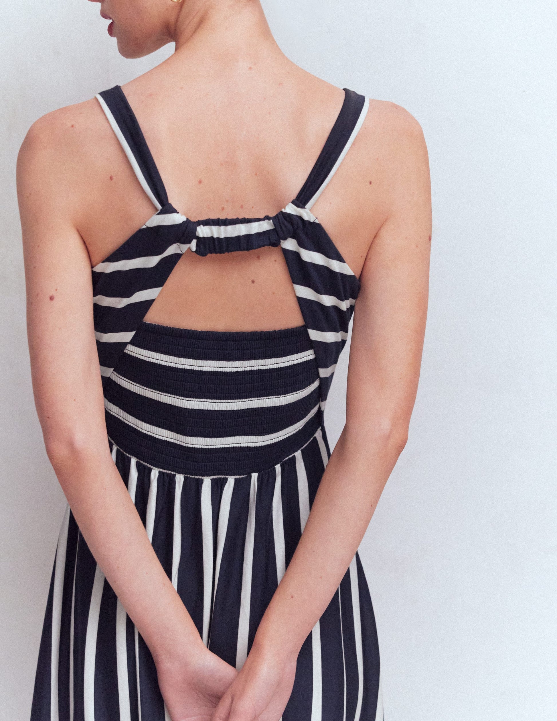 Saoirse Smocked Jersey Dress-Navy, Ivory Stripe-2