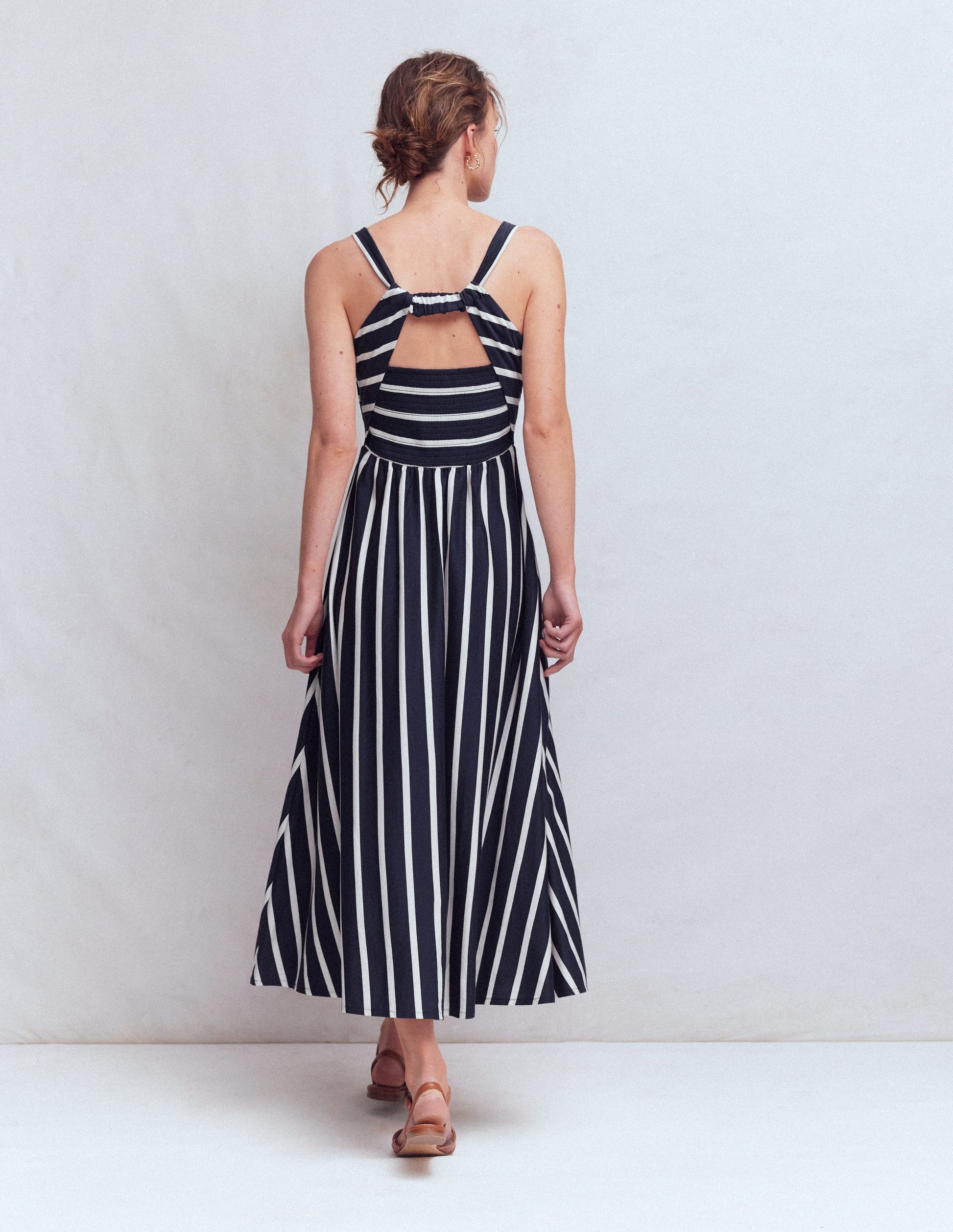 Saoirse Smocked Jersey Dress-Navy, Ivory Stripe-3