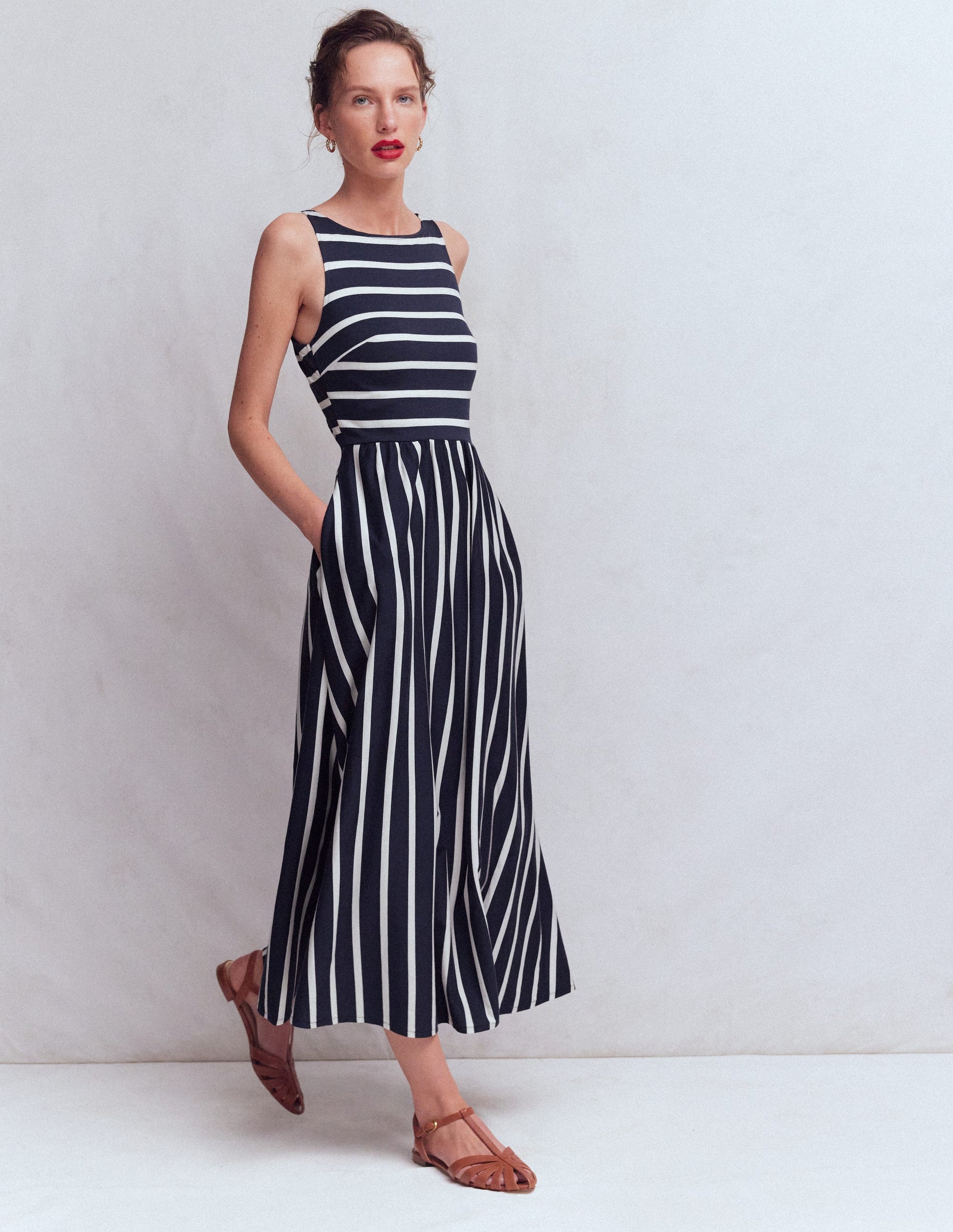 Saoirse Smocked Jersey Dress-Navy, Ivory Stripe-4