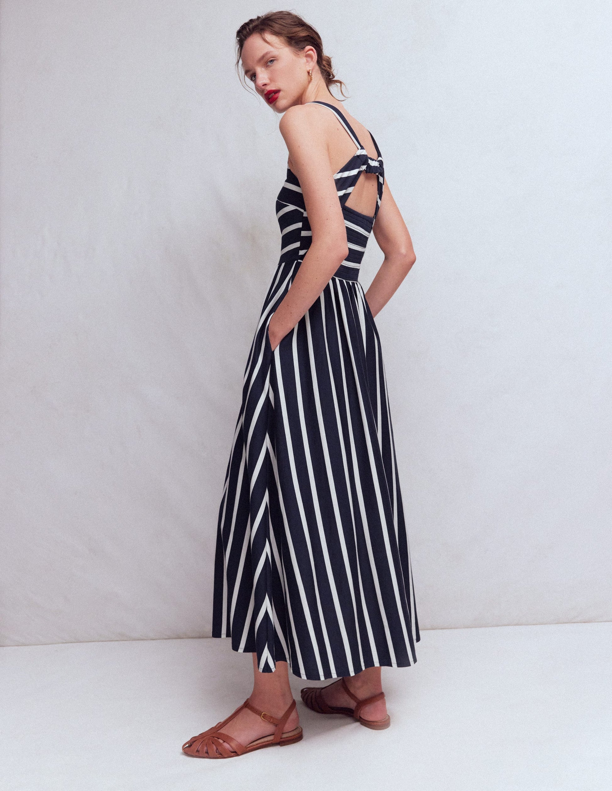 Saoirse Smocked Jersey Dress-Navy, Ivory Stripe-5