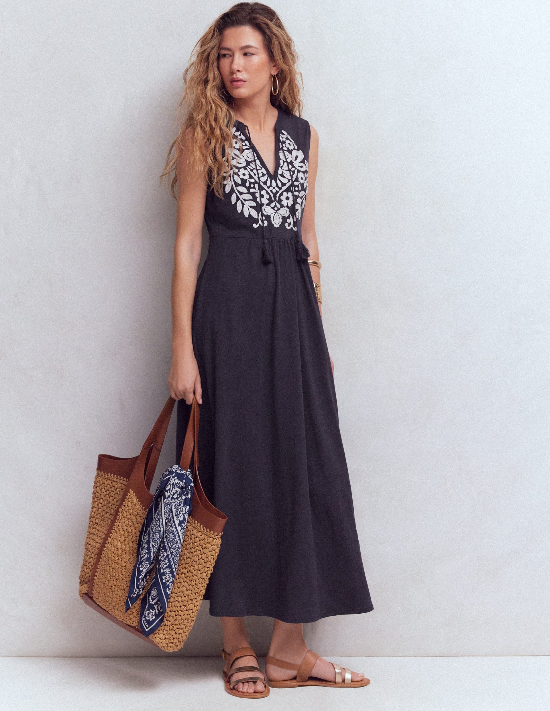 Boden Women's Notch Neck Jersey Maxi Dress in Blue