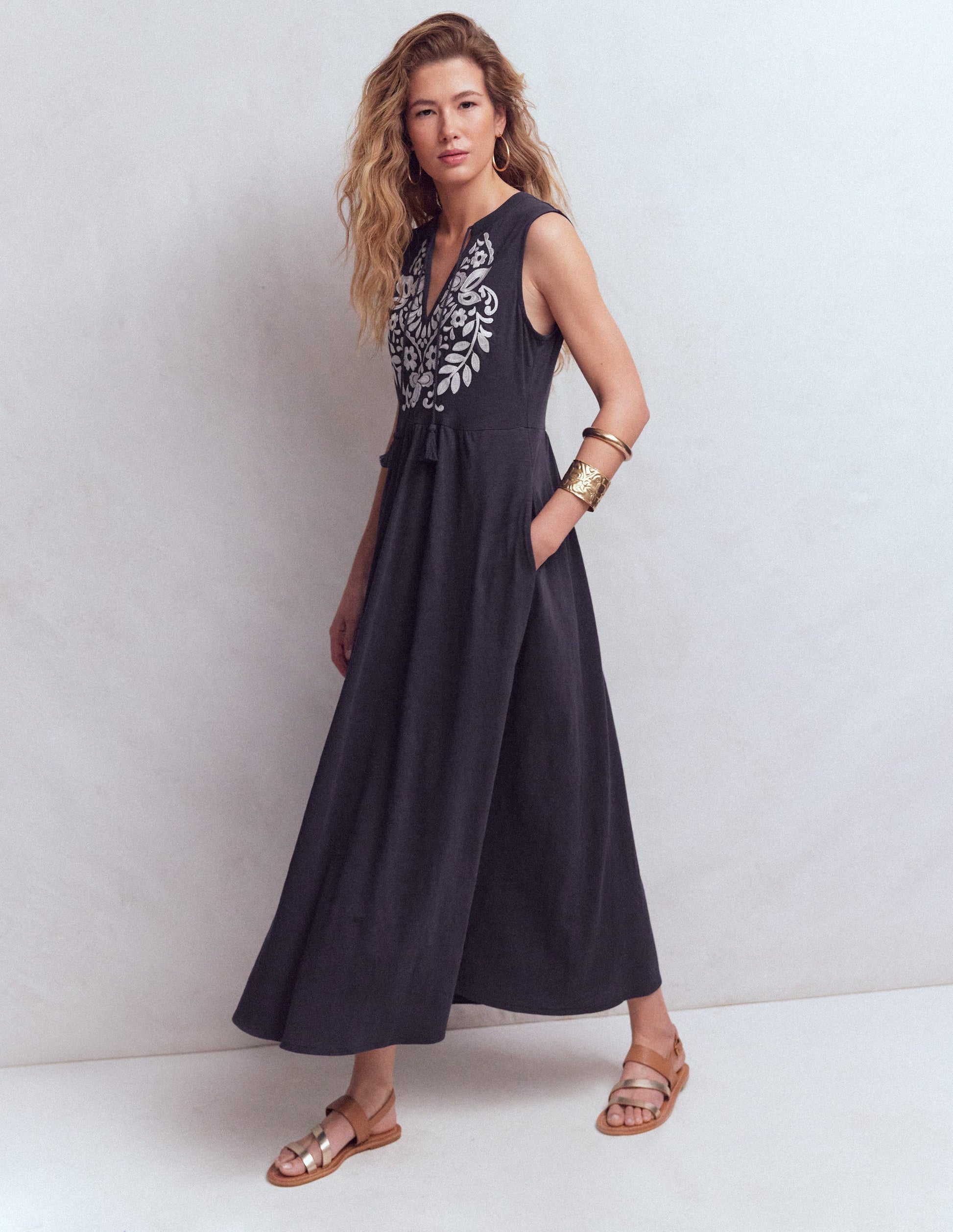 Notch Neck Jersey Maxi Dress - Navy