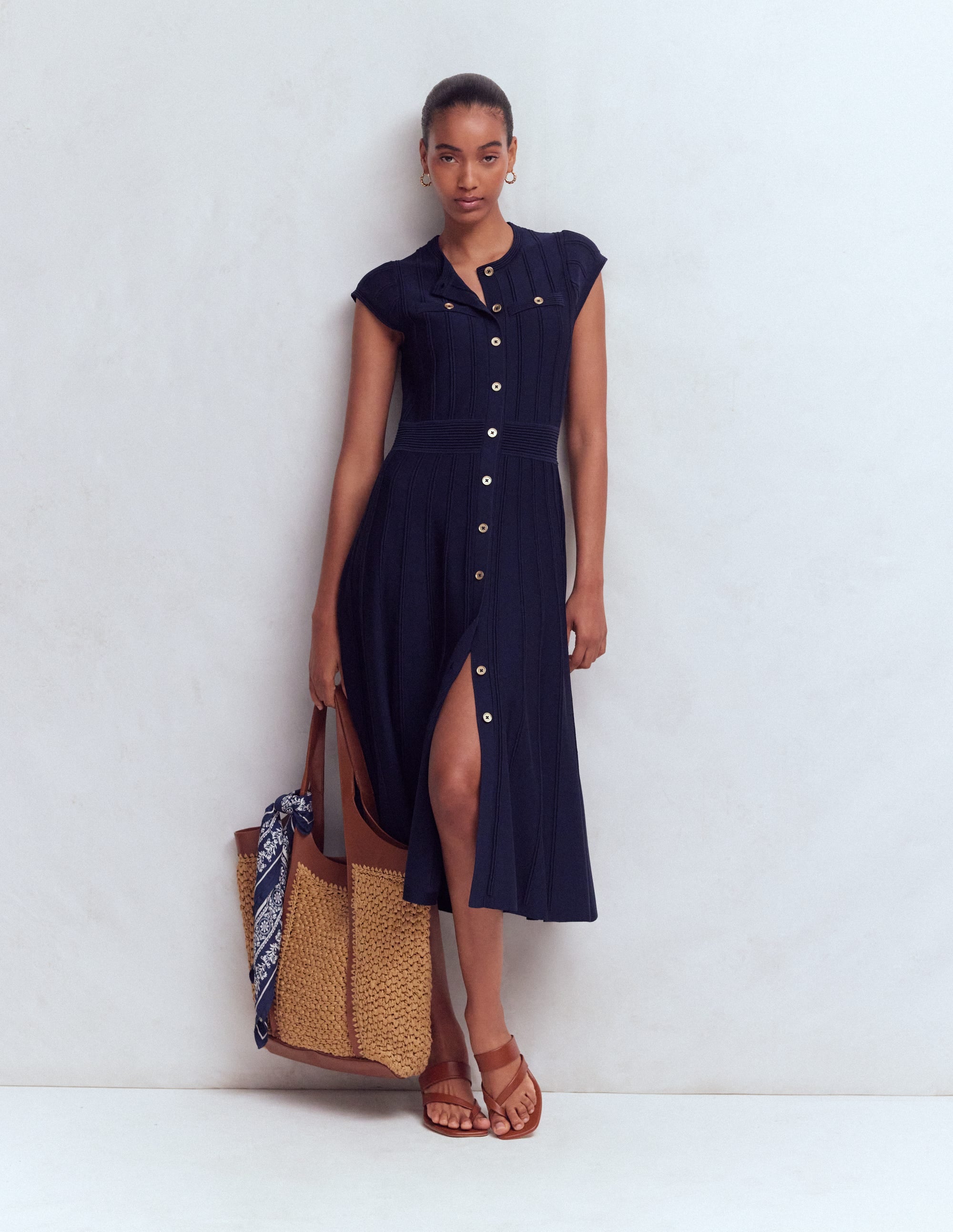 Cap Sleeve Knitted Dress-Navy - Image 1
