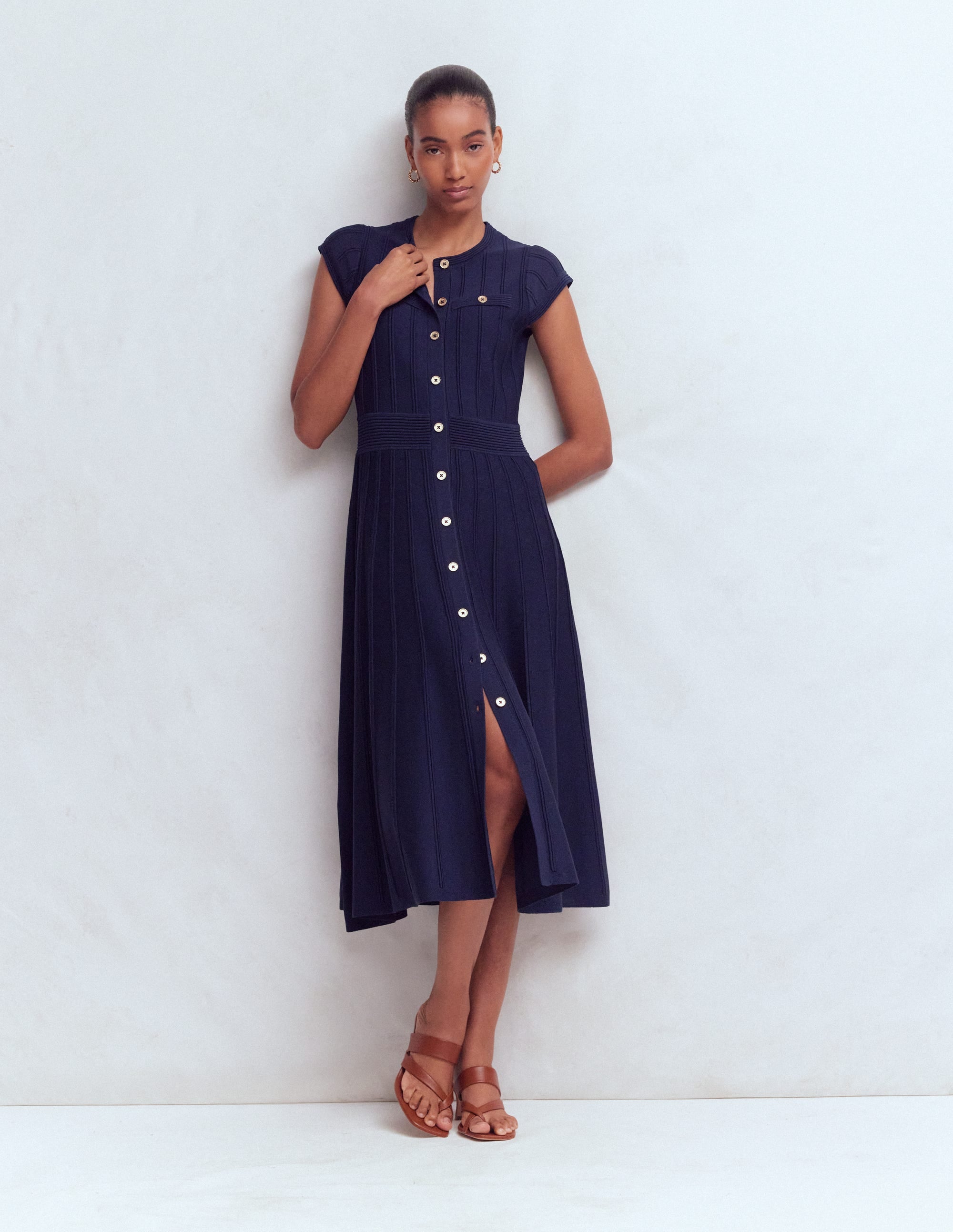 Cap Sleeve Knitted Dress-Navy - Image 6