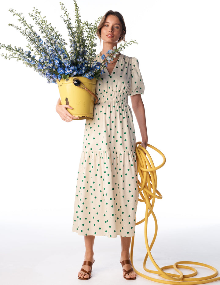 Irene Puff Sleeve Cotton Dress-Ivory Green Spot
