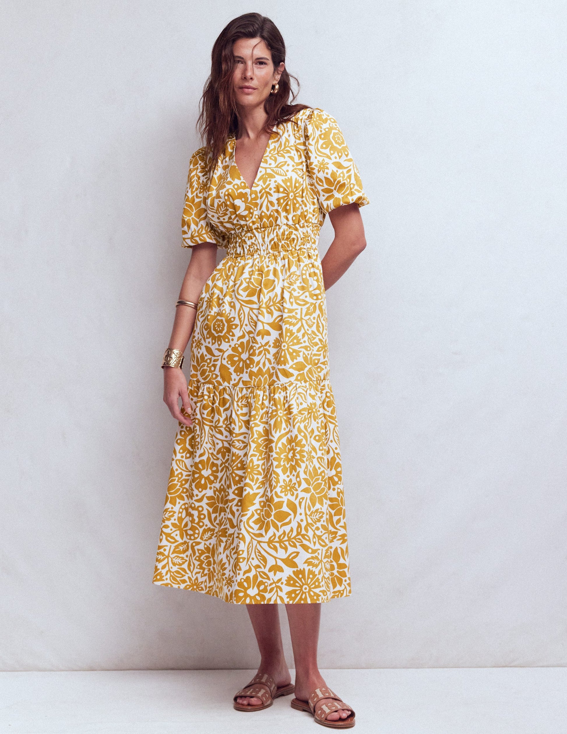 slim fit dress slacks Irene Puff Sleeve Cotton Dress-Gold Wheat, Meadow Scatter