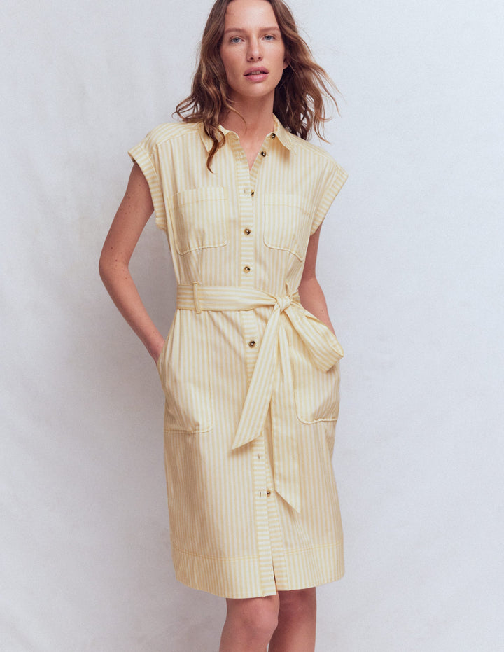 Short Belted Shirt Dress-Brown Fine Stripe