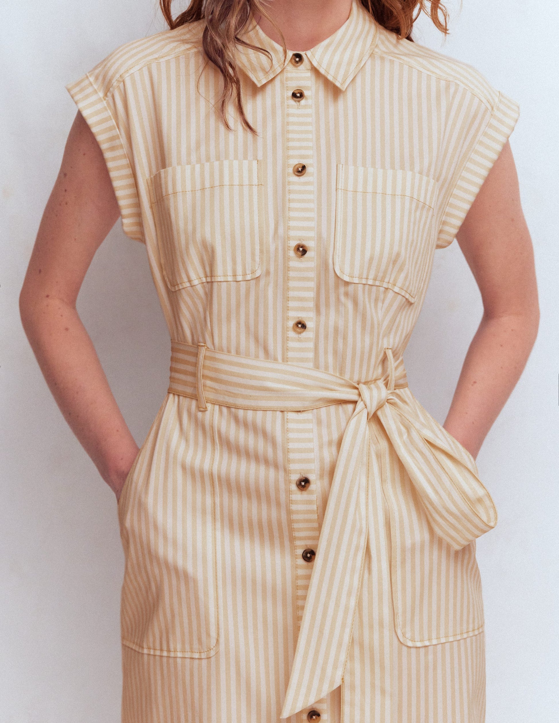 Short Belted Shirt Dress-Brown, Ivory Ticking Stripe-2