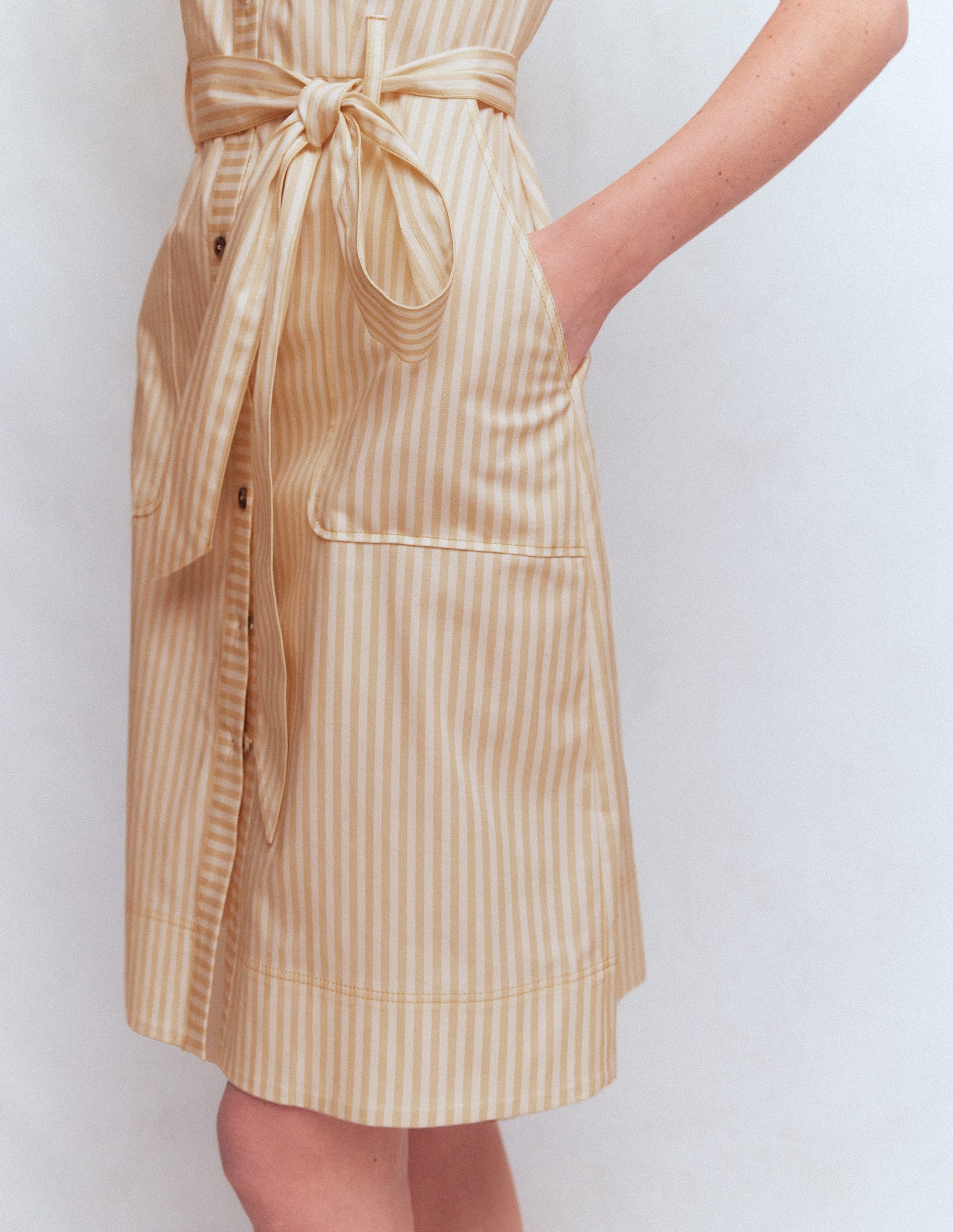 Short Belted Shirt Dress-Brown, Ivory Ticking Stripe-3