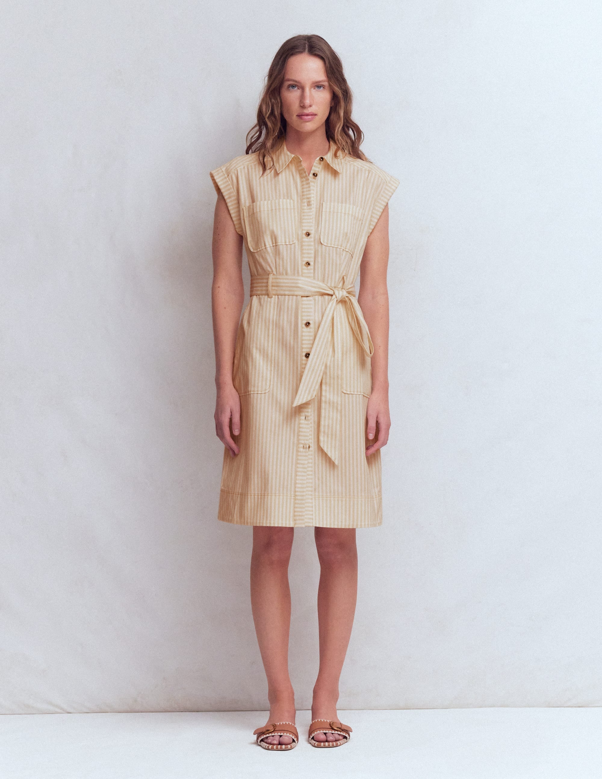 Short Belted Shirt Dress-Brown, Ivory Ticking Stripe - Image 5