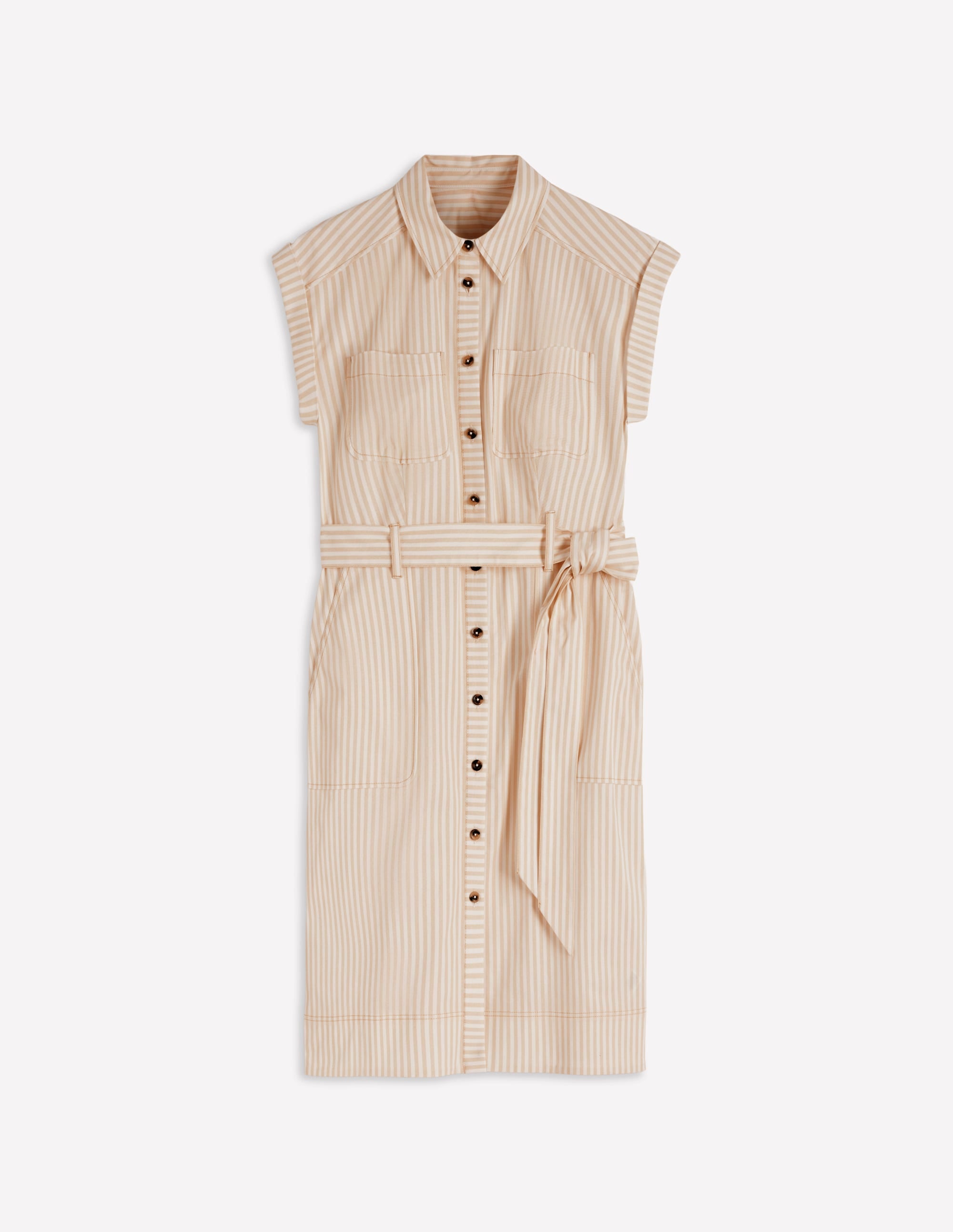 Short Belted Shirt Dress-Brown, Ivory Ticking Stripe - Image 7