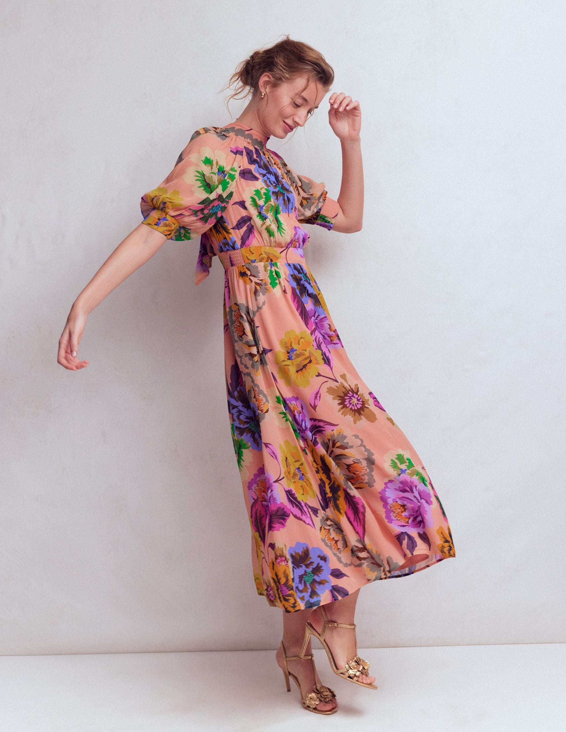 blouson dress dresses High Neck Blouson Sleeve Dress-Multi Opulent Blossom