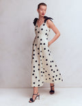 Bow Detail Linen Empire Dress-Ivory Painted Dot Spaced
