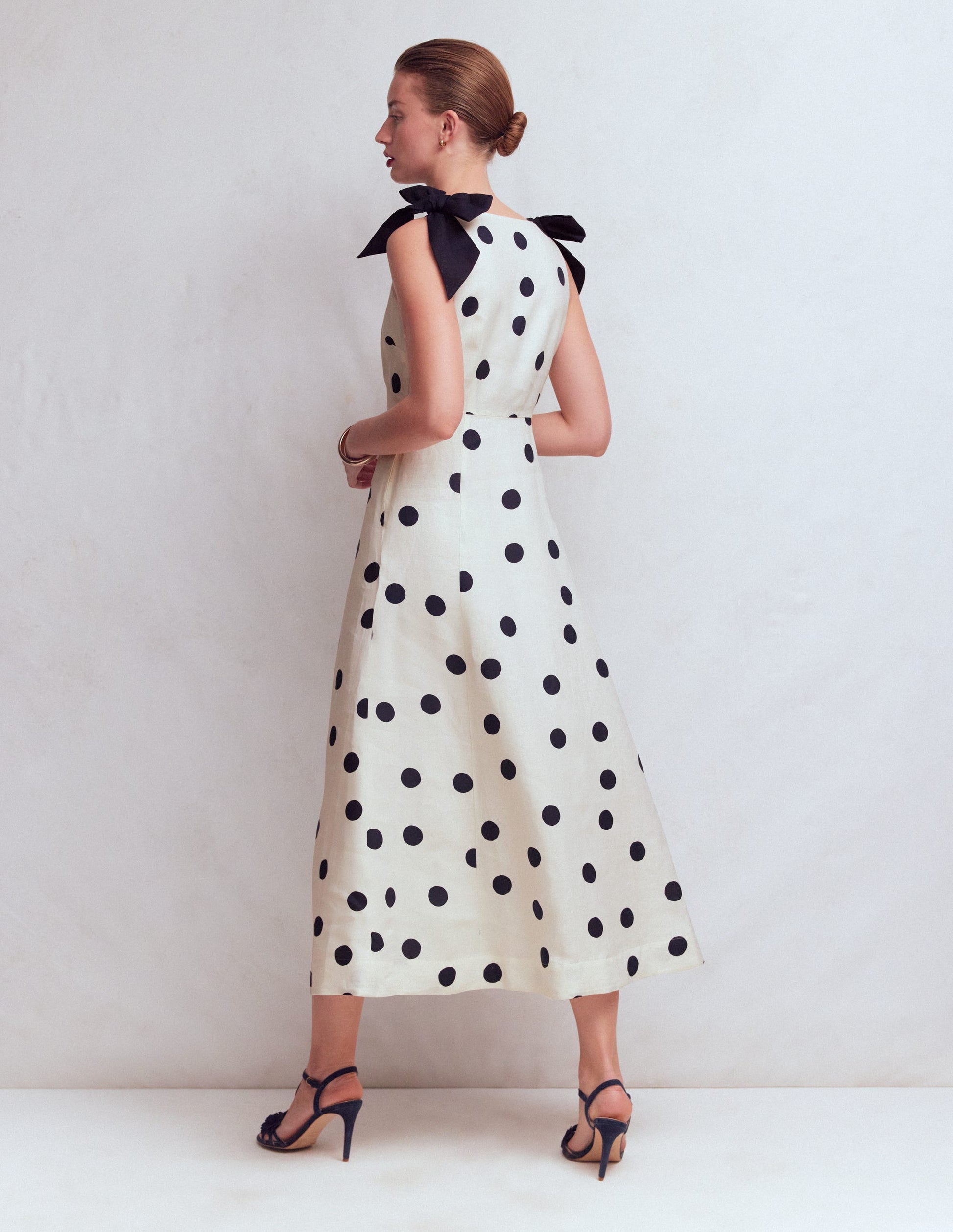 Bow Detail Linen Empire Dress-Ivory Painted Dot Spaced-3