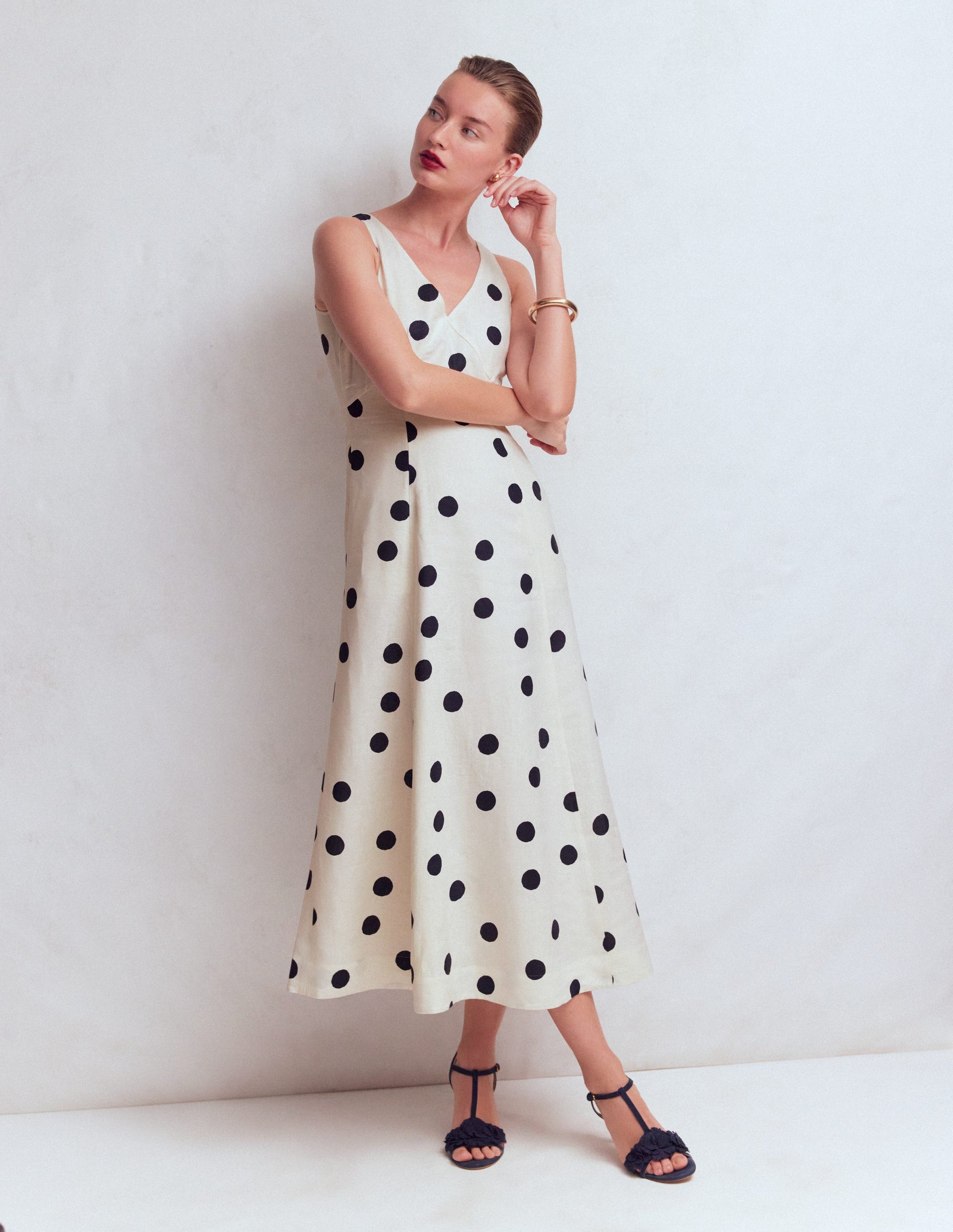 Bow Detail Linen Empire Dress-Ivory Painted Dot Spaced-5