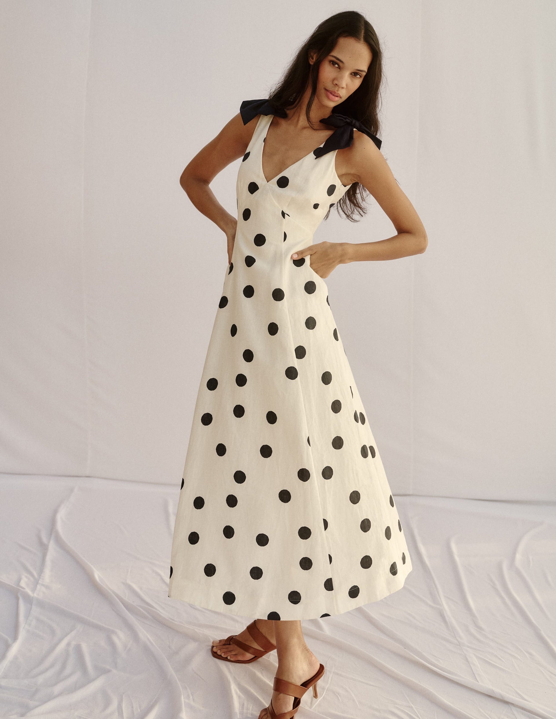 Bow Detail Linen Empire Dress-Ivory Painted Dot Spaced | Boden USA