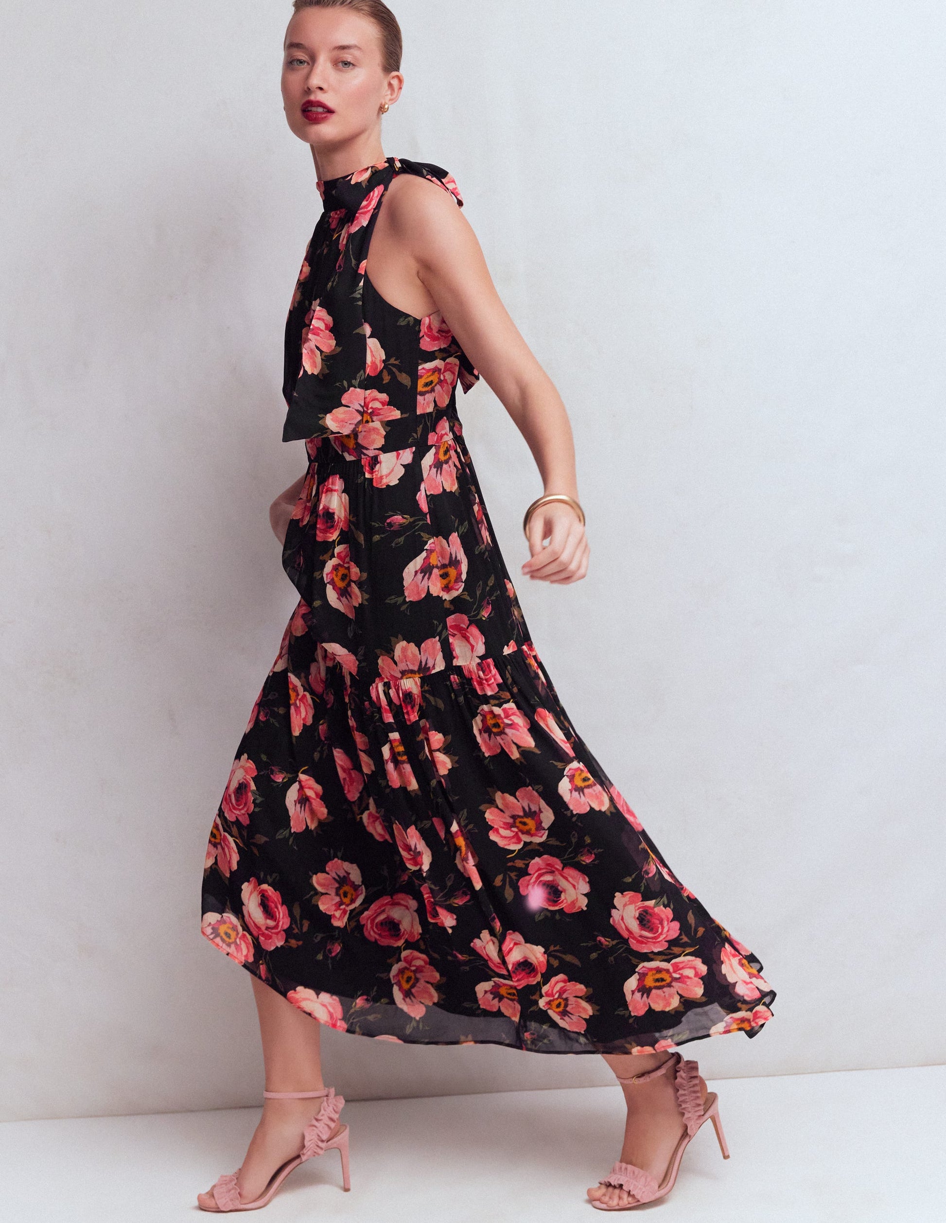 Boden Women's Roisin Tie Neck Maxi Dress in Black