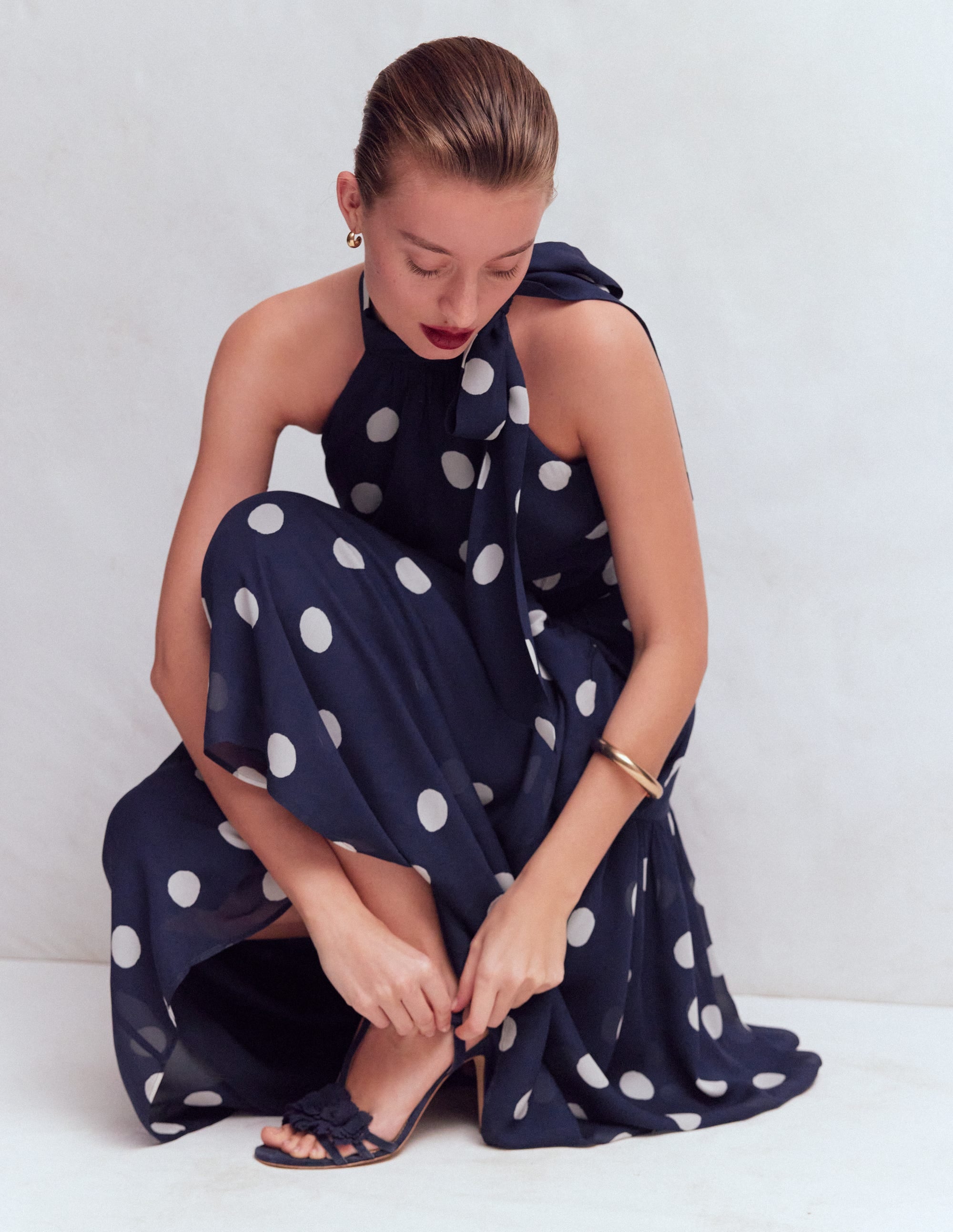 Roisin Tie Neck Maxi Dress-Navy Painted Dot Spaced - Image 1