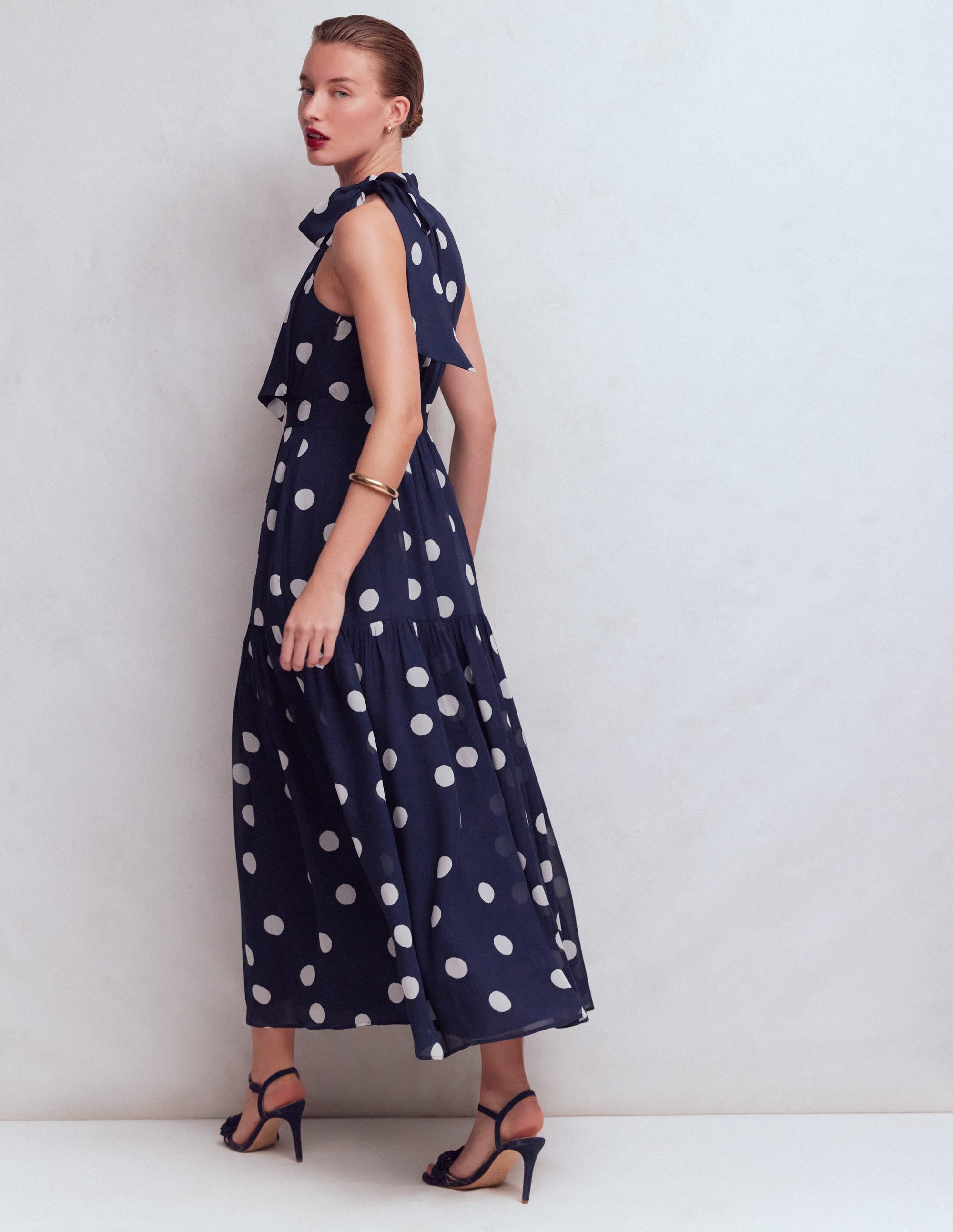 Roisin Tie Neck Maxi Dress-Navy Painted Dot Spaced - Image 2