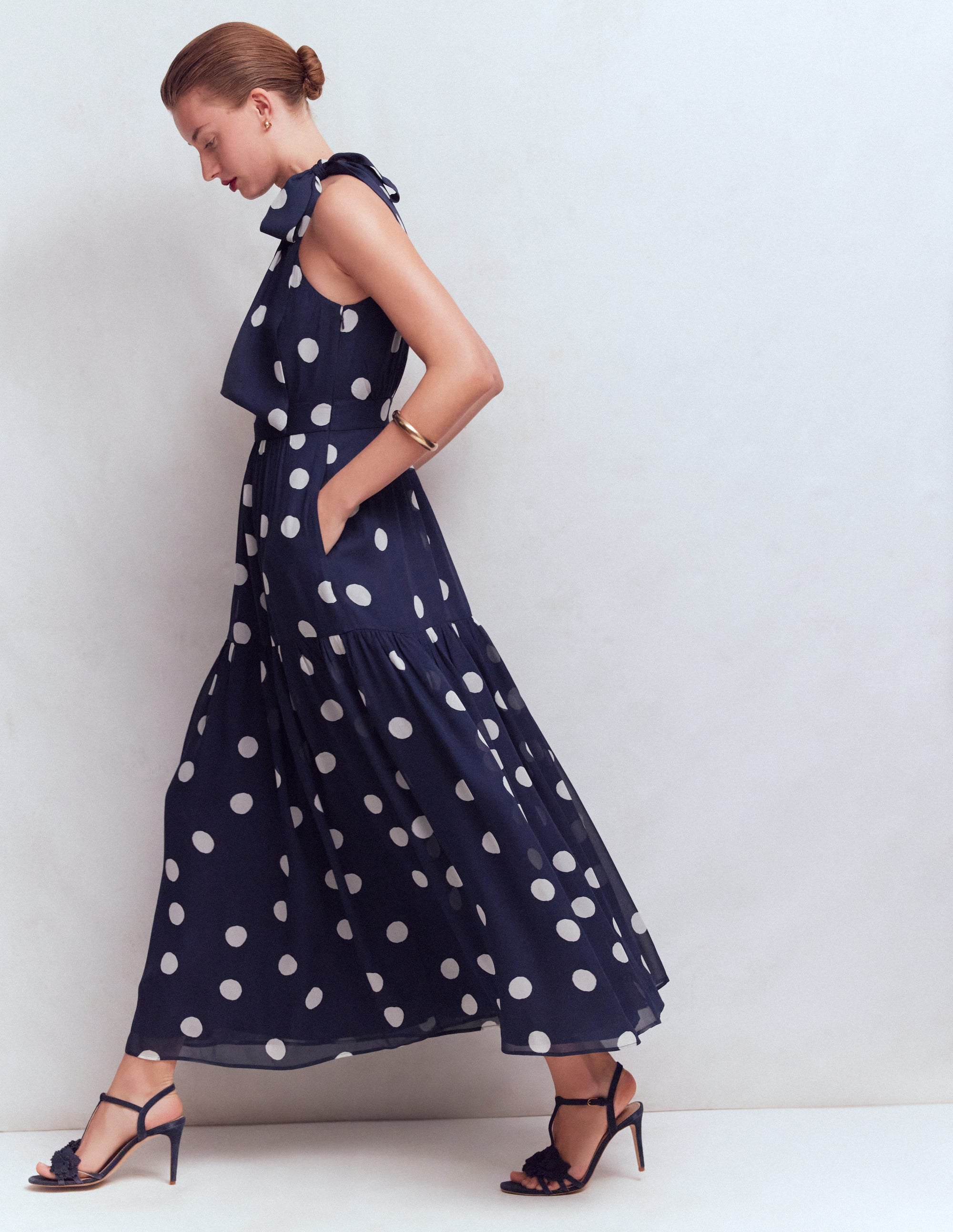Roisin Tie Neck Maxi Dress-Navy Painted Dot Spaced - Image 3