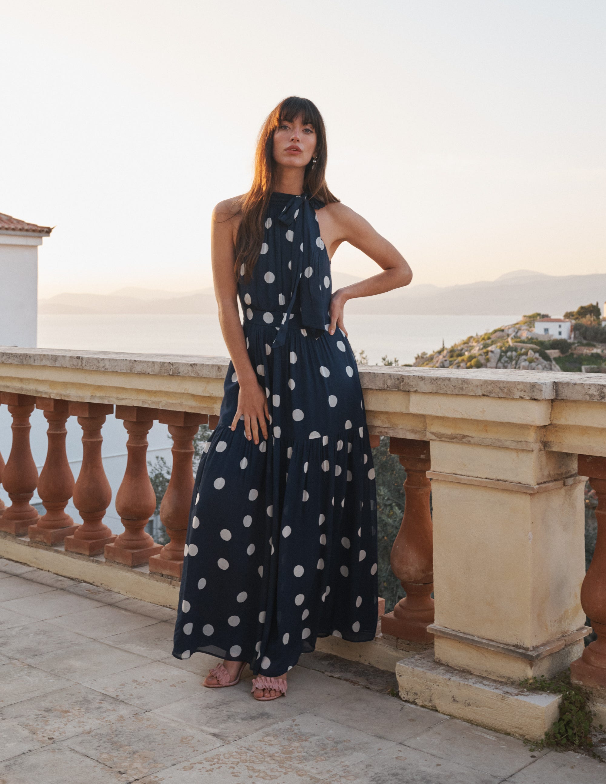 Roisin Tie Neck Maxi Dress-Navy Painted Dot Spaced - Image 5