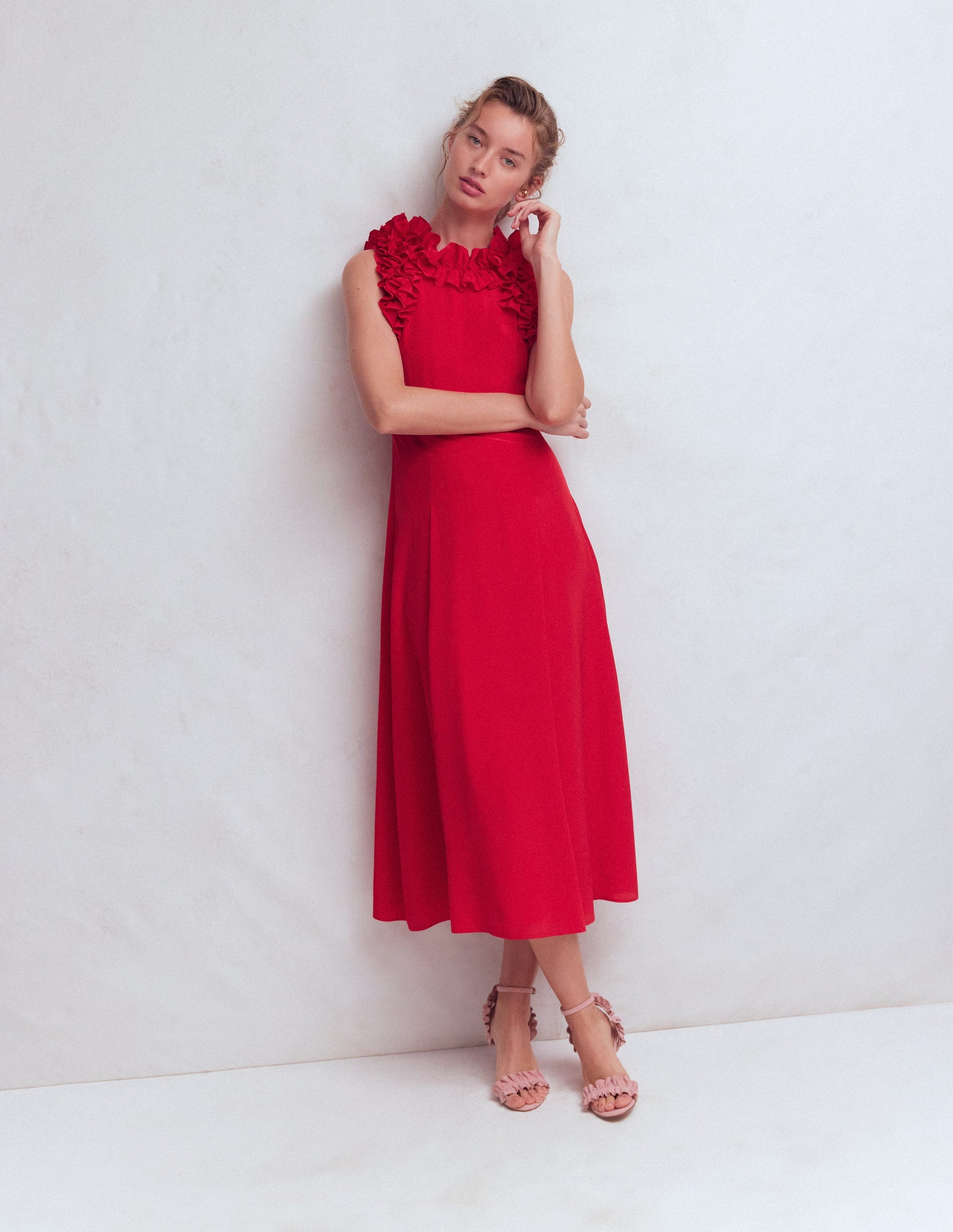 Ruffle Silk Midi Dress-Red | Boden USA Ruffle Silk Midi Dress-Red | Boden USA