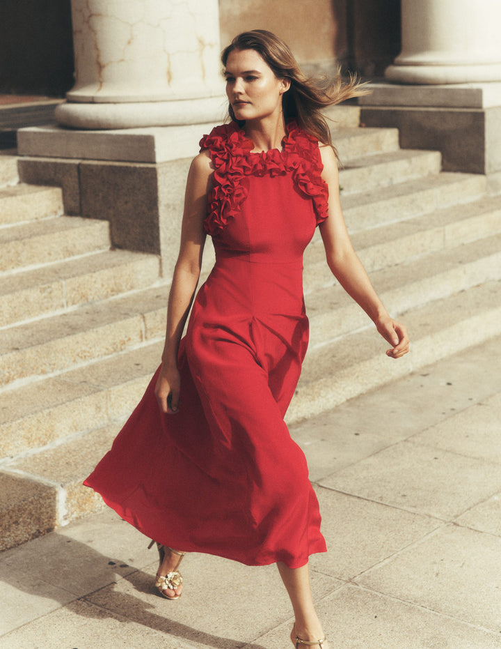 Ruffle Silk Midi Dress-Red
